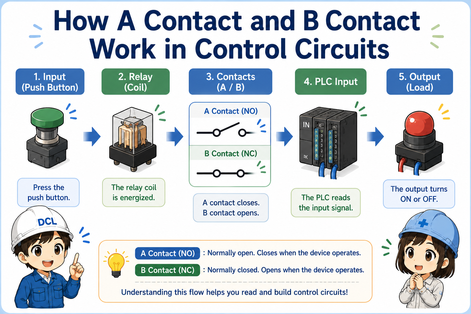 Field check diagram for NO and NC contacts showing normal state, operated state, terminal check, PLC input, and wiring drawing