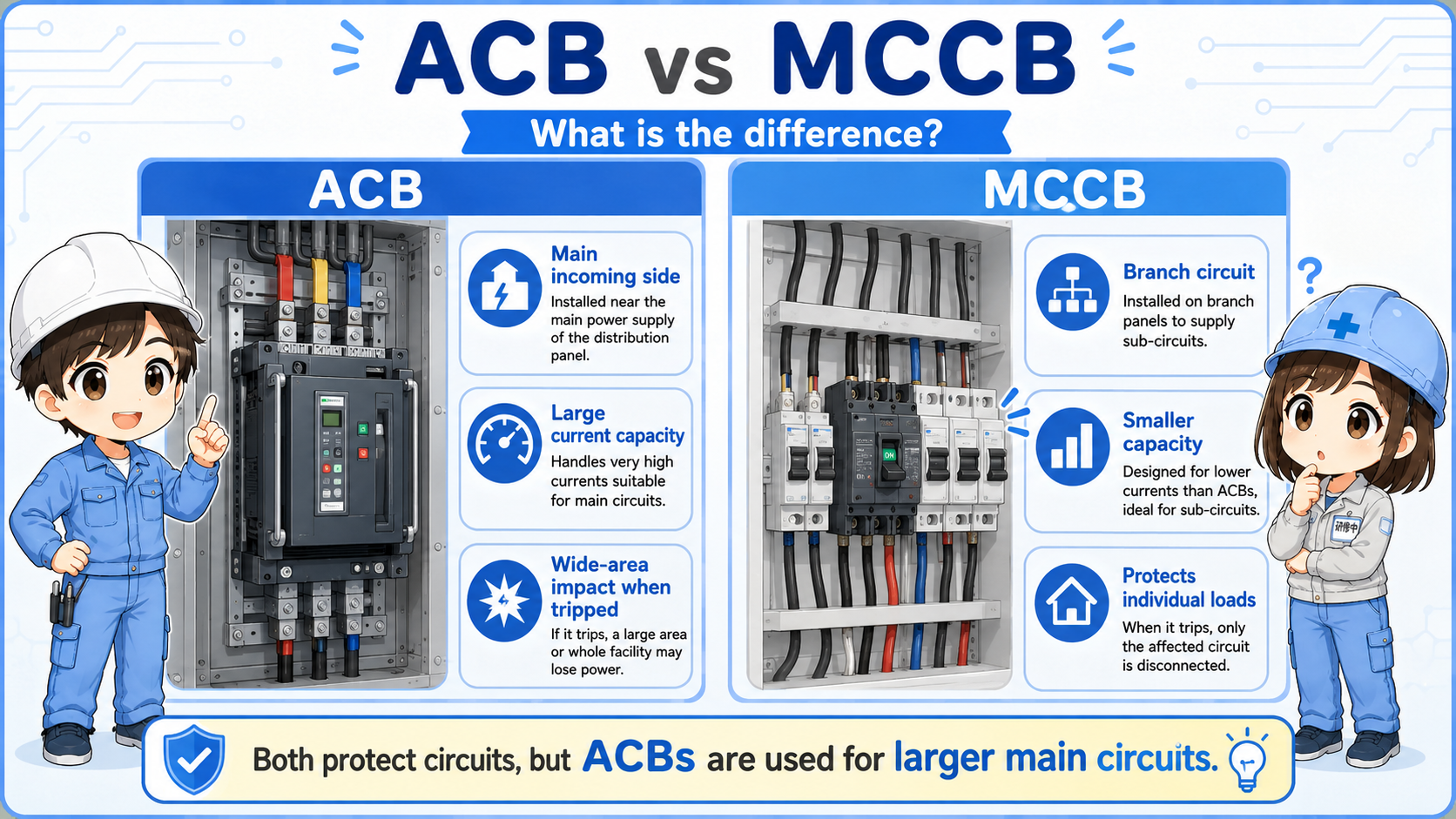 Comparison between air circuit breaker ACB and molded case circuit breaker MCCB