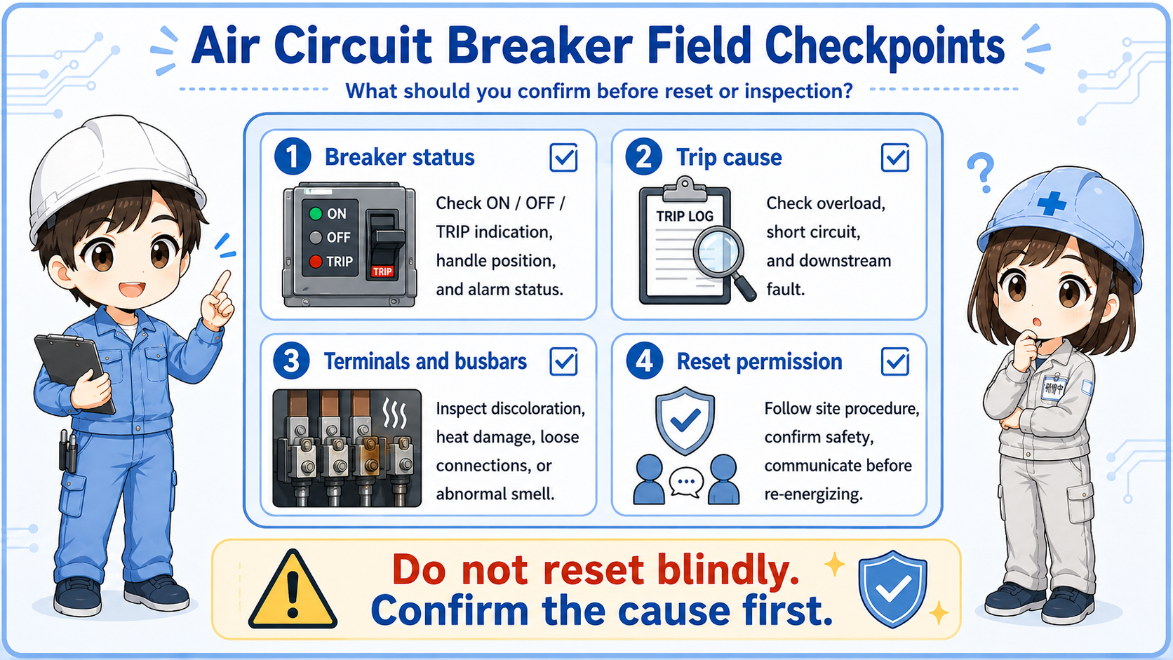 Field checklist for air circuit breakers including status, trip cause, terminals, and reset permission