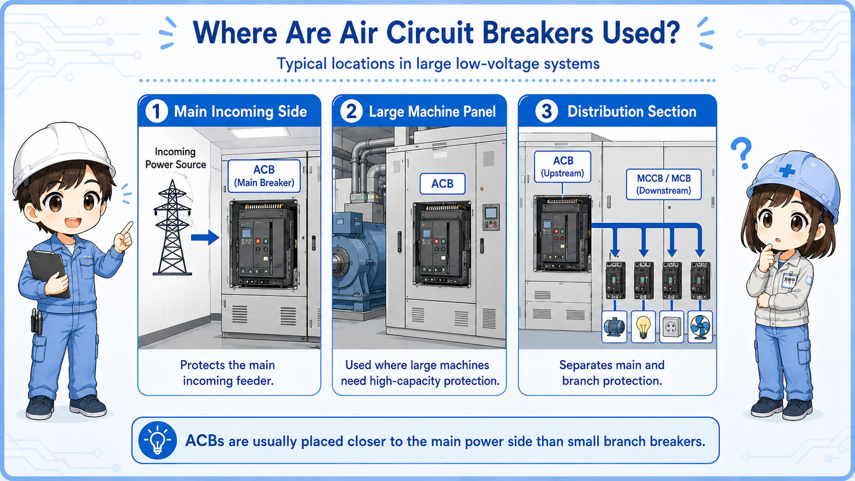 Typical installation locations of air circuit breakers in main distribution panels and large equipment panels