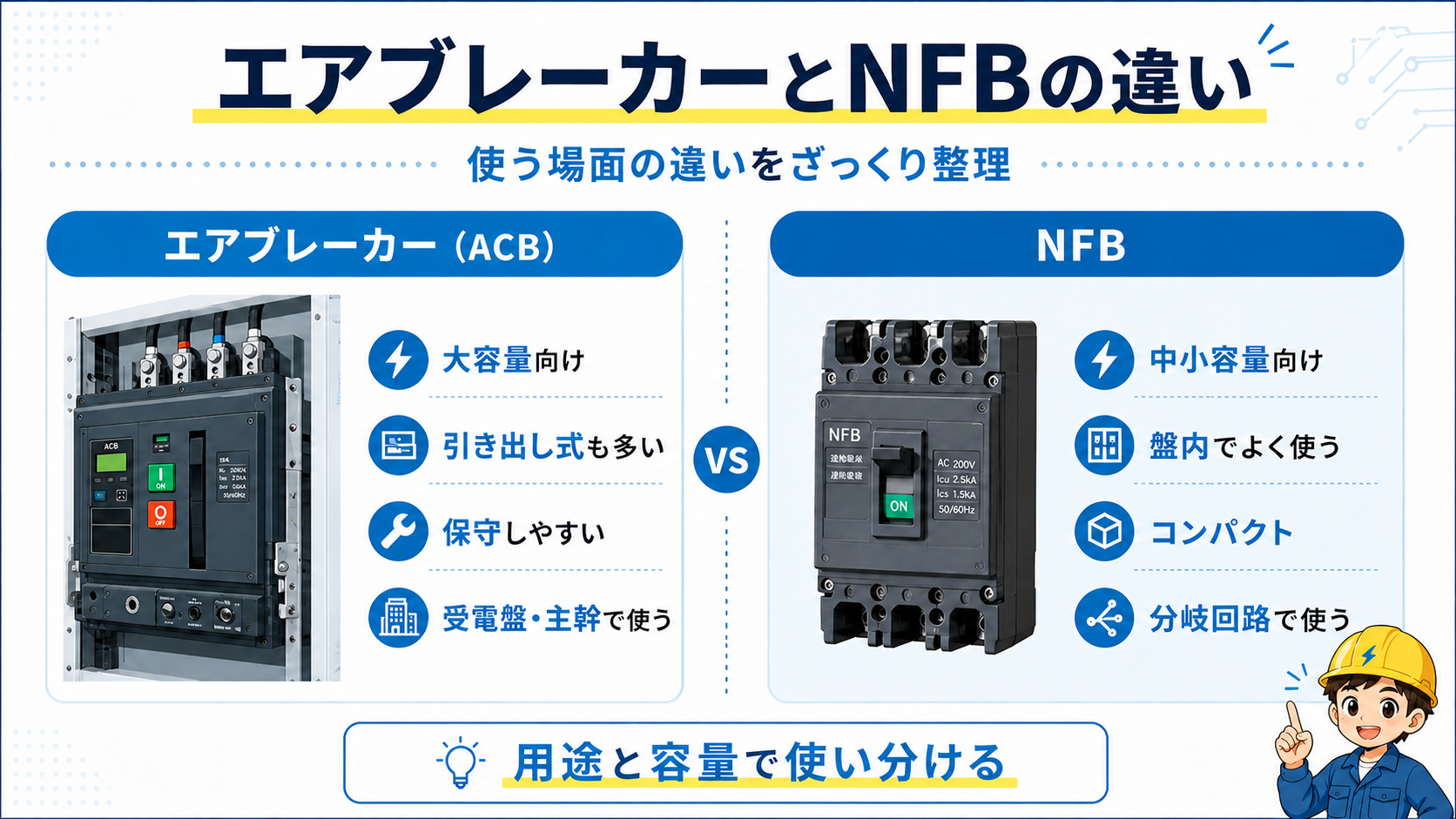 エアブレーカーとNFBの用途と容量の違いを比較した図