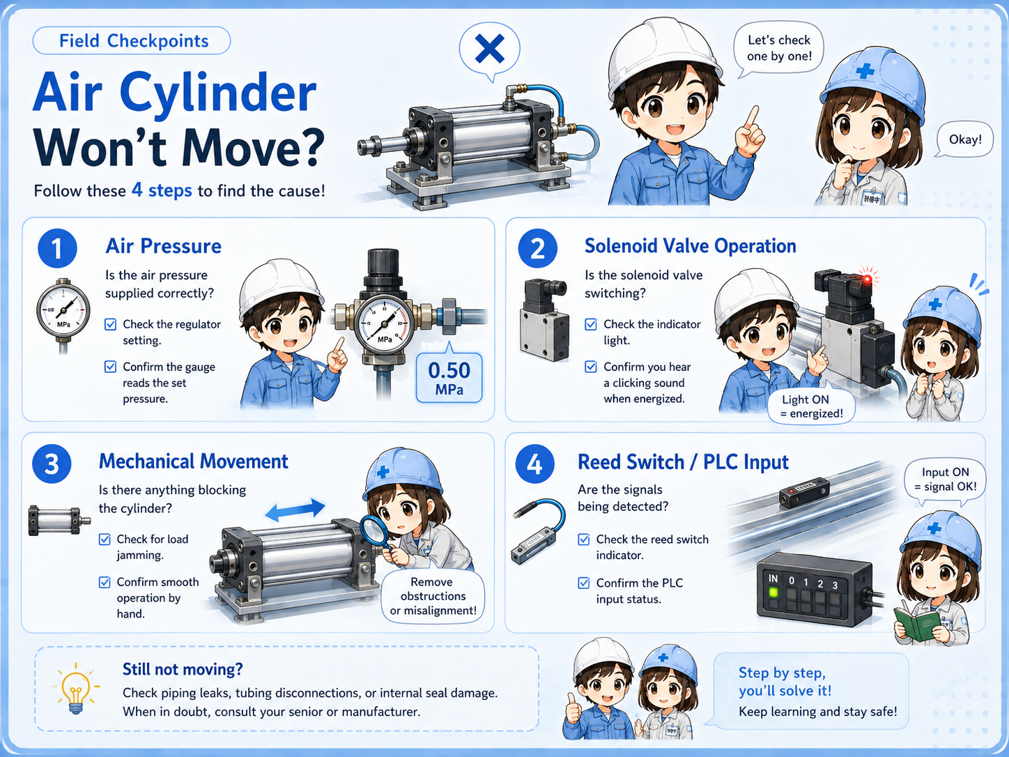 Field troubleshooting checklist for air cylinder, air valve, reed switch, and PLC signals