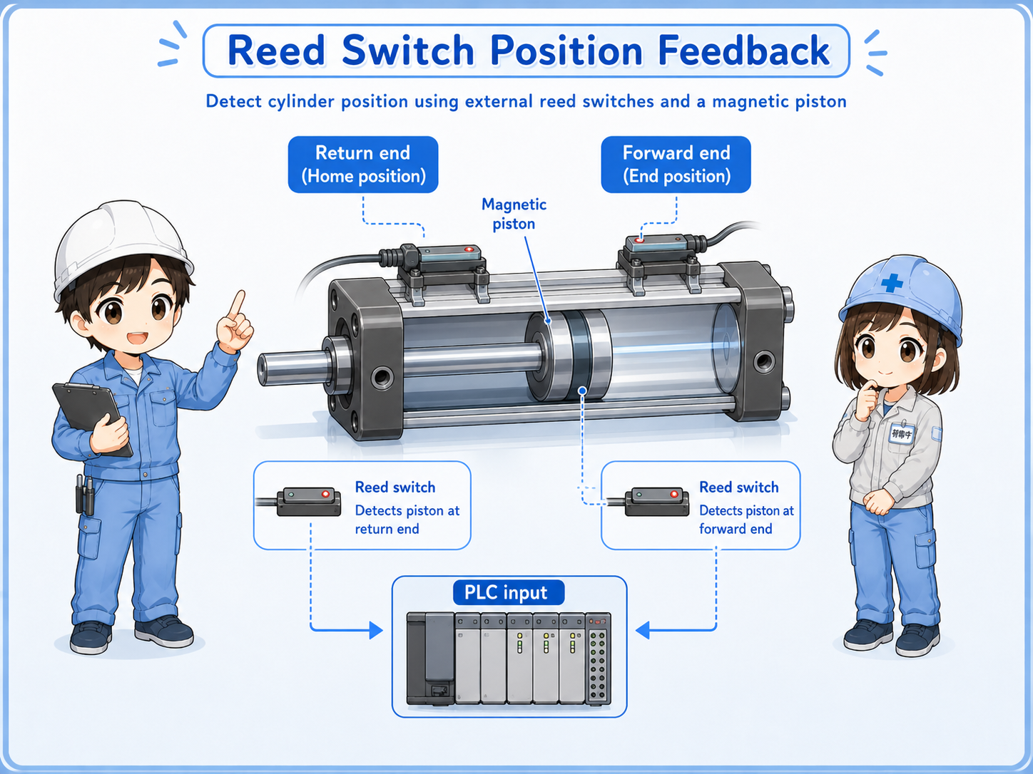Air cylinder with reed switches for forward and return position confirmation