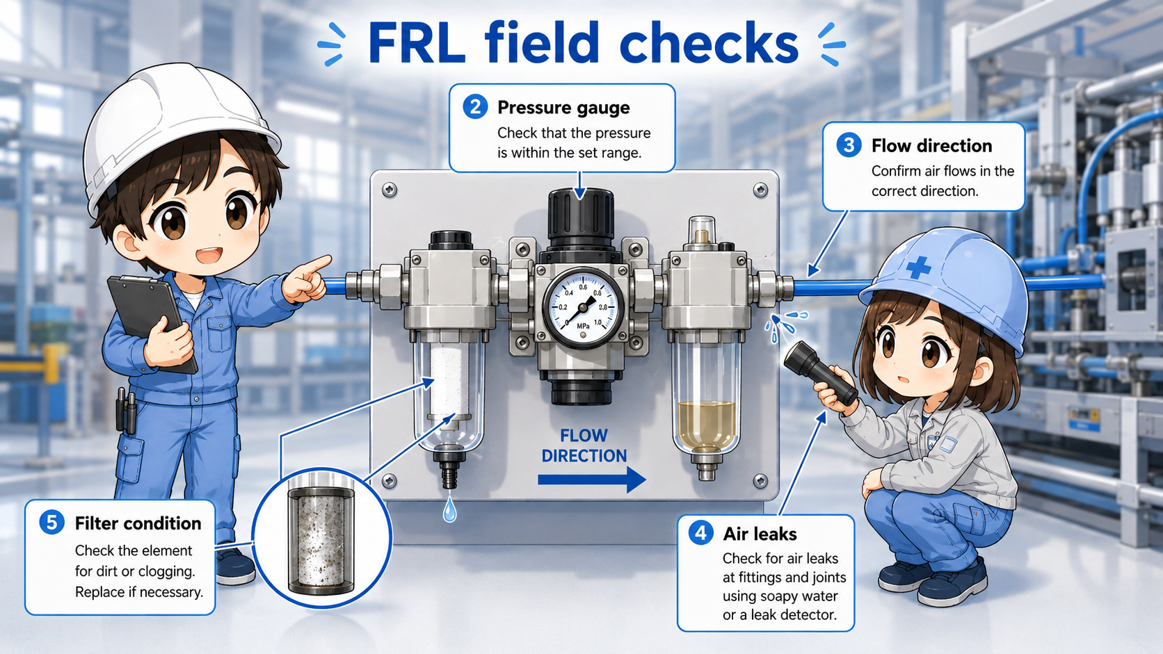 Field checklist for an FRL unit including drain bowl pressure gauge flow direction leakage and filter element condition
