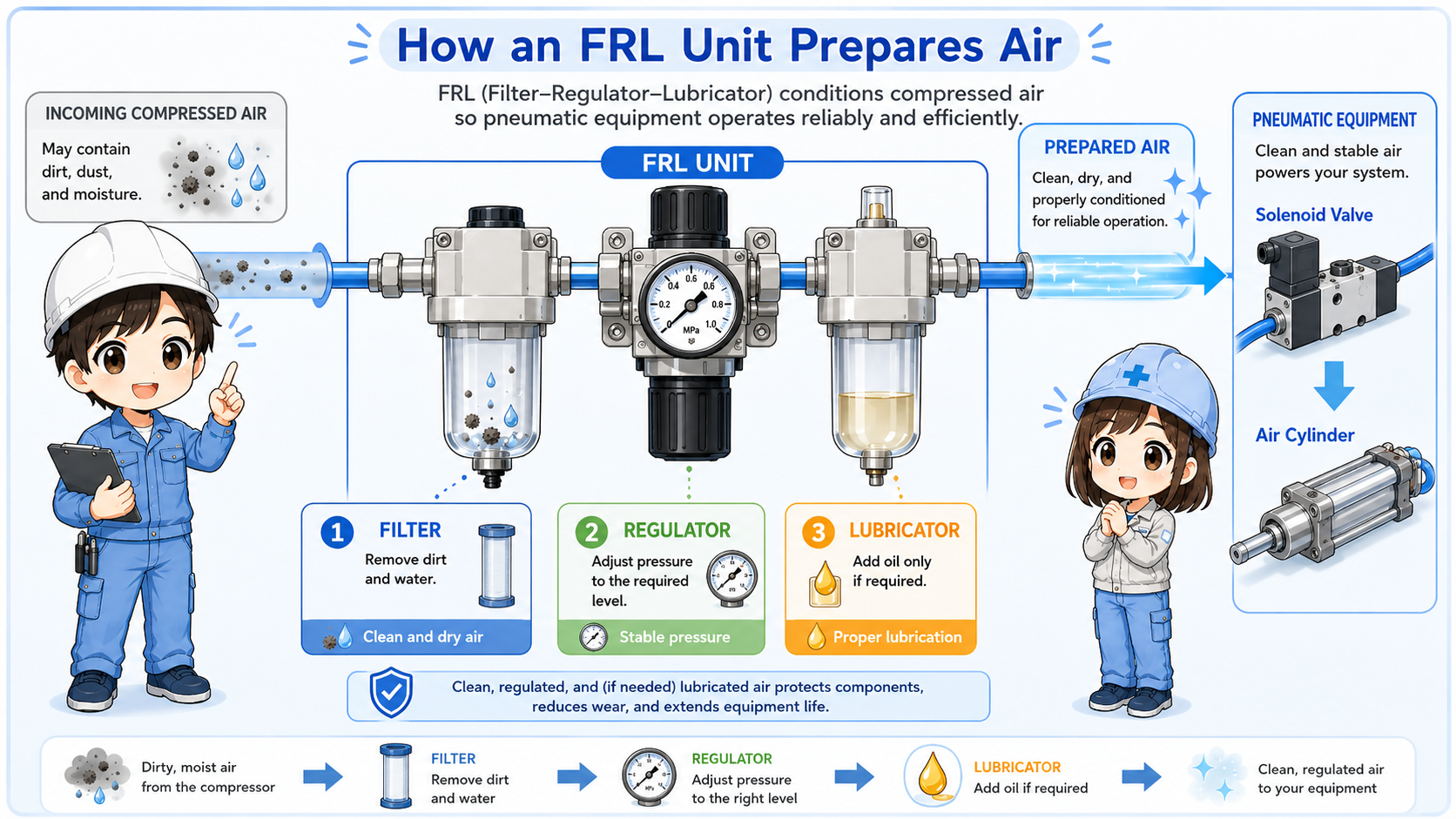 Overview of an air filter regulator lubricator unit preparing compressed air for pneumatic equipment