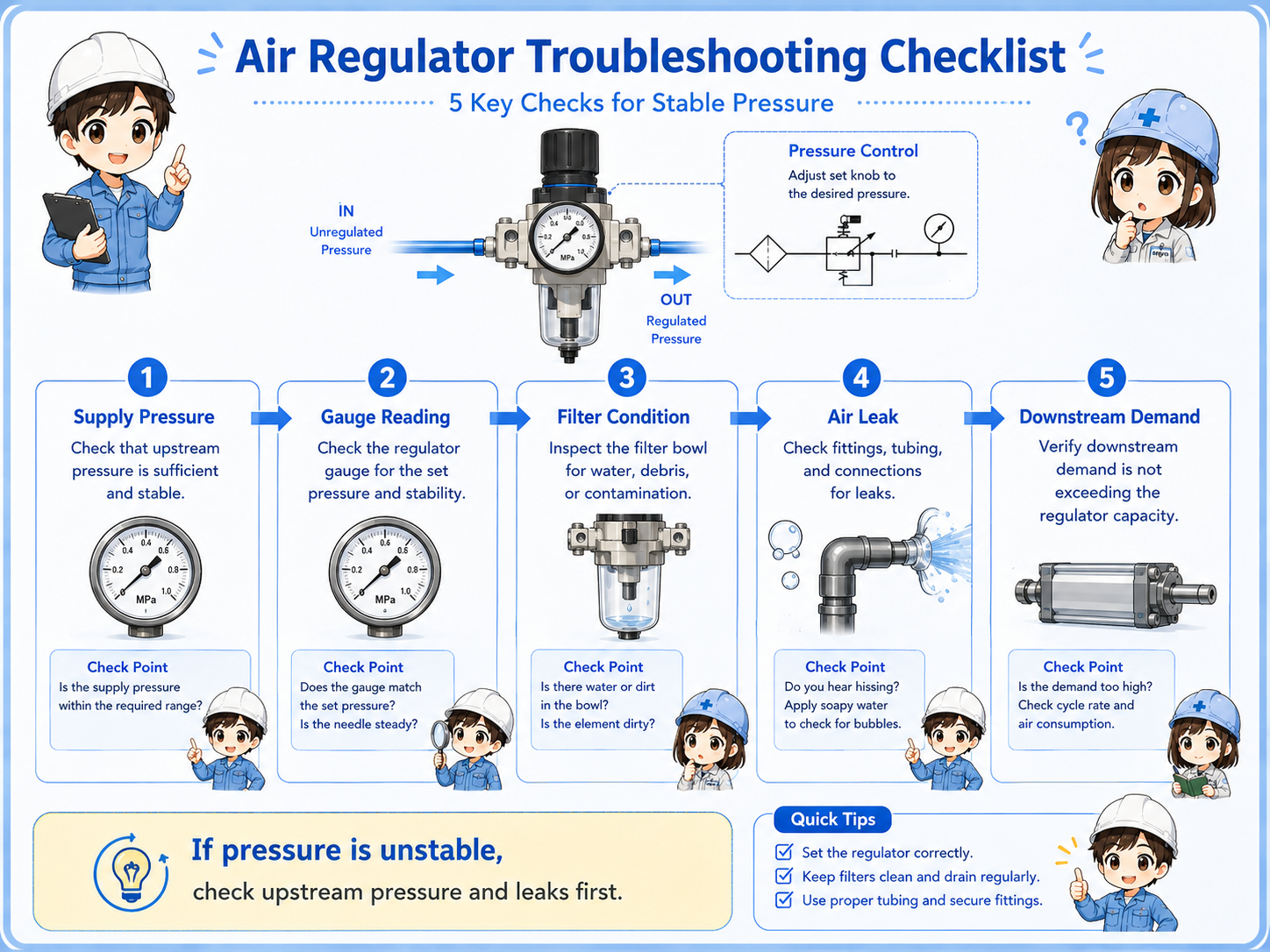 Field check flow before adjusting an air regulator