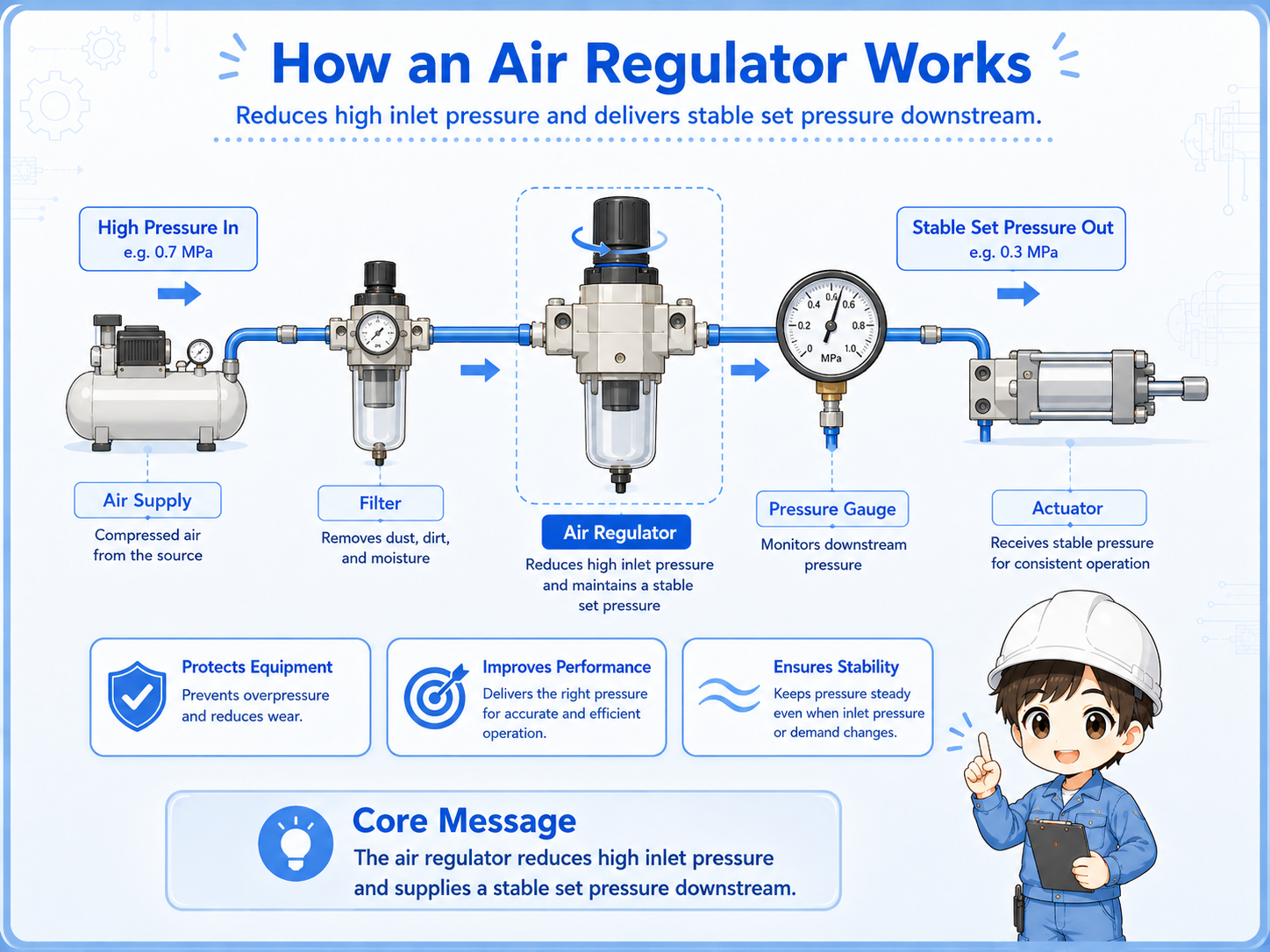 Overview diagram showing an air regulator adjusting compressed air pressure before pneumatic equipment