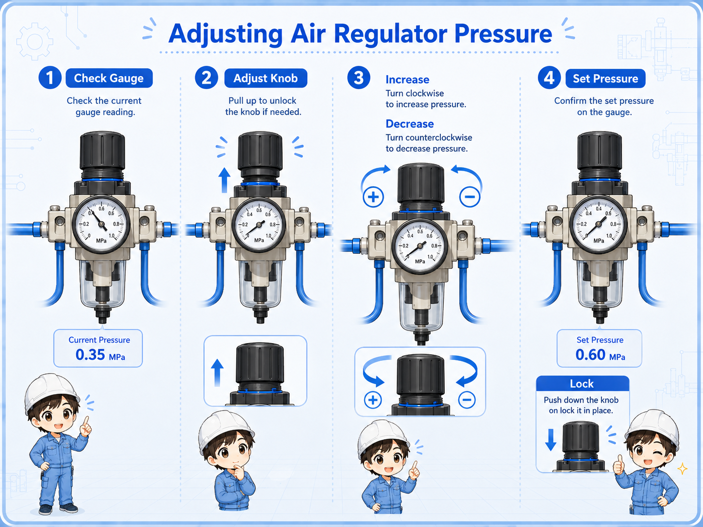 Diagram showing inlet pressure being reduced to a set pressure through an air regulator