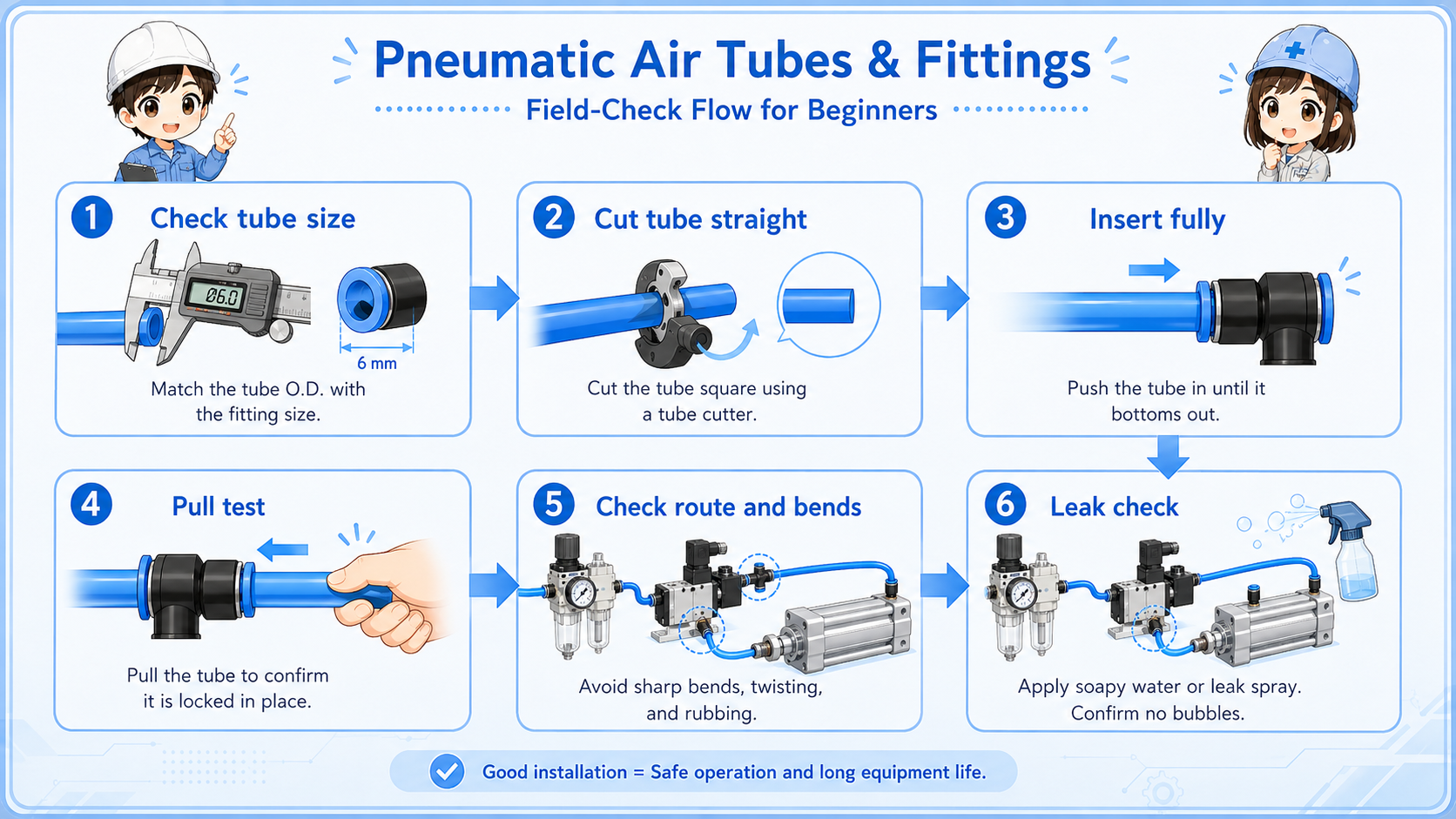 Field check flow for pneumatic air tube and fitting leaks
