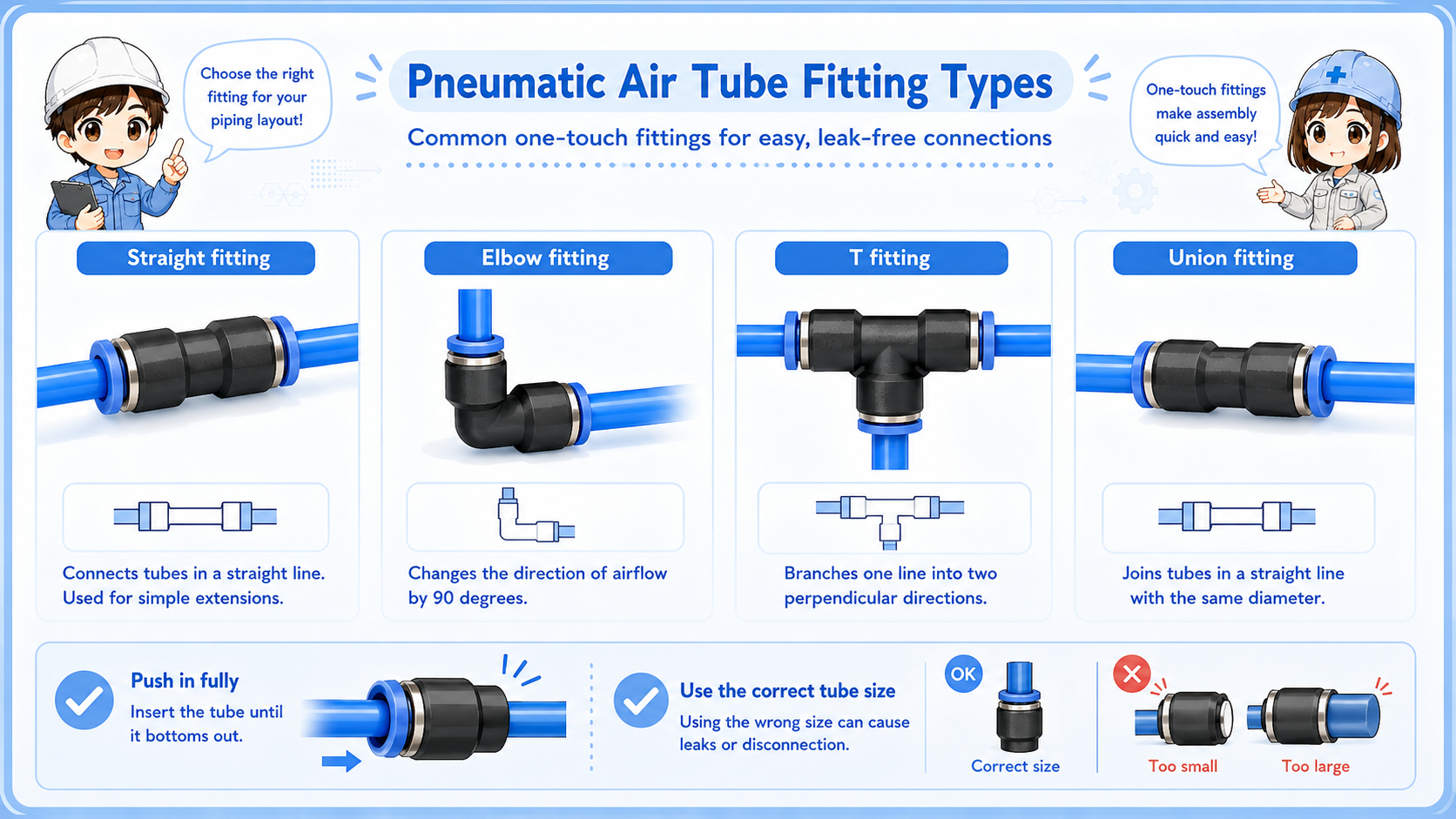 Diagram showing common pneumatic one-touch fittings and air tube insertion