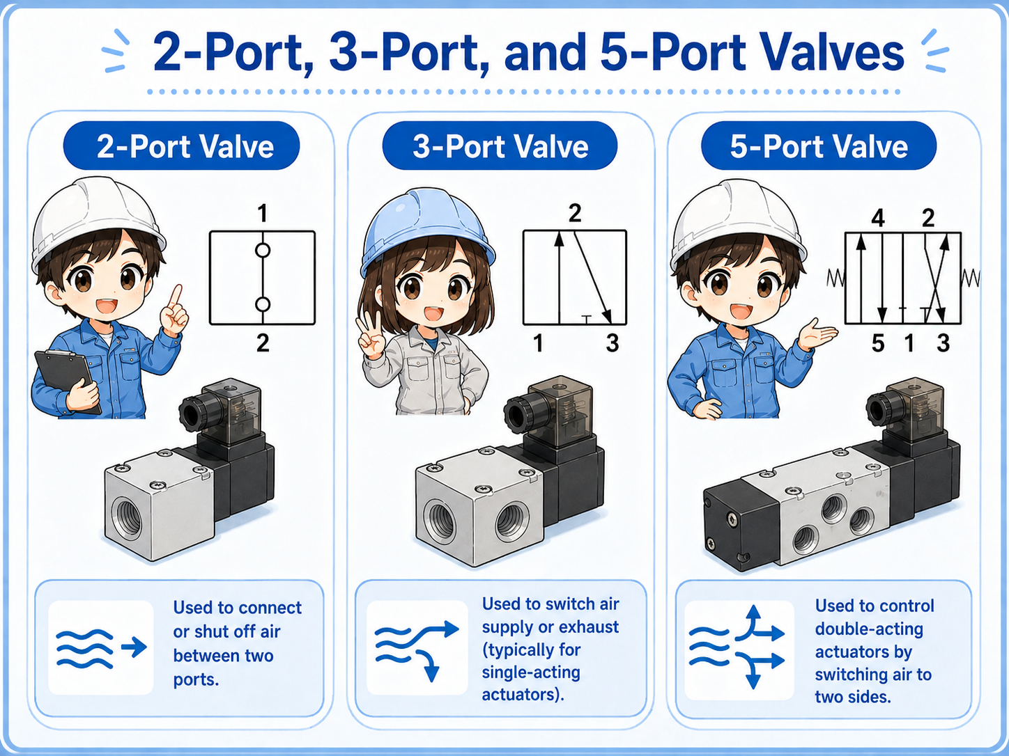 Basic comparison of 2-port, 3-port, and 5-port pneumatic air valves