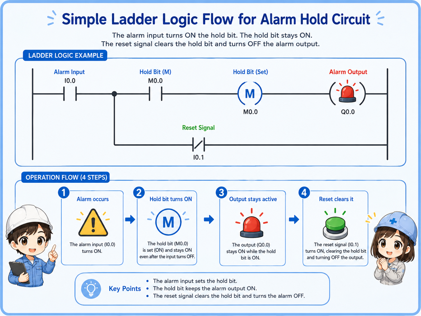 Simple ladder flow for an alarm hold circuit with alarm input, hold bit, alarm output, and reset