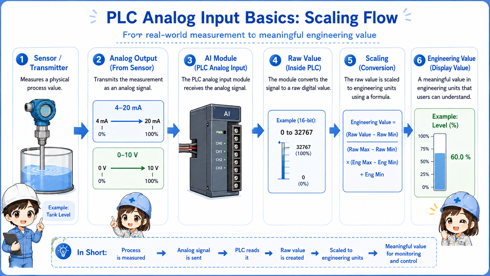Diagram showing analog input scaling flow from 4mA to 20mA or 0-10V into engineering values in a PLC