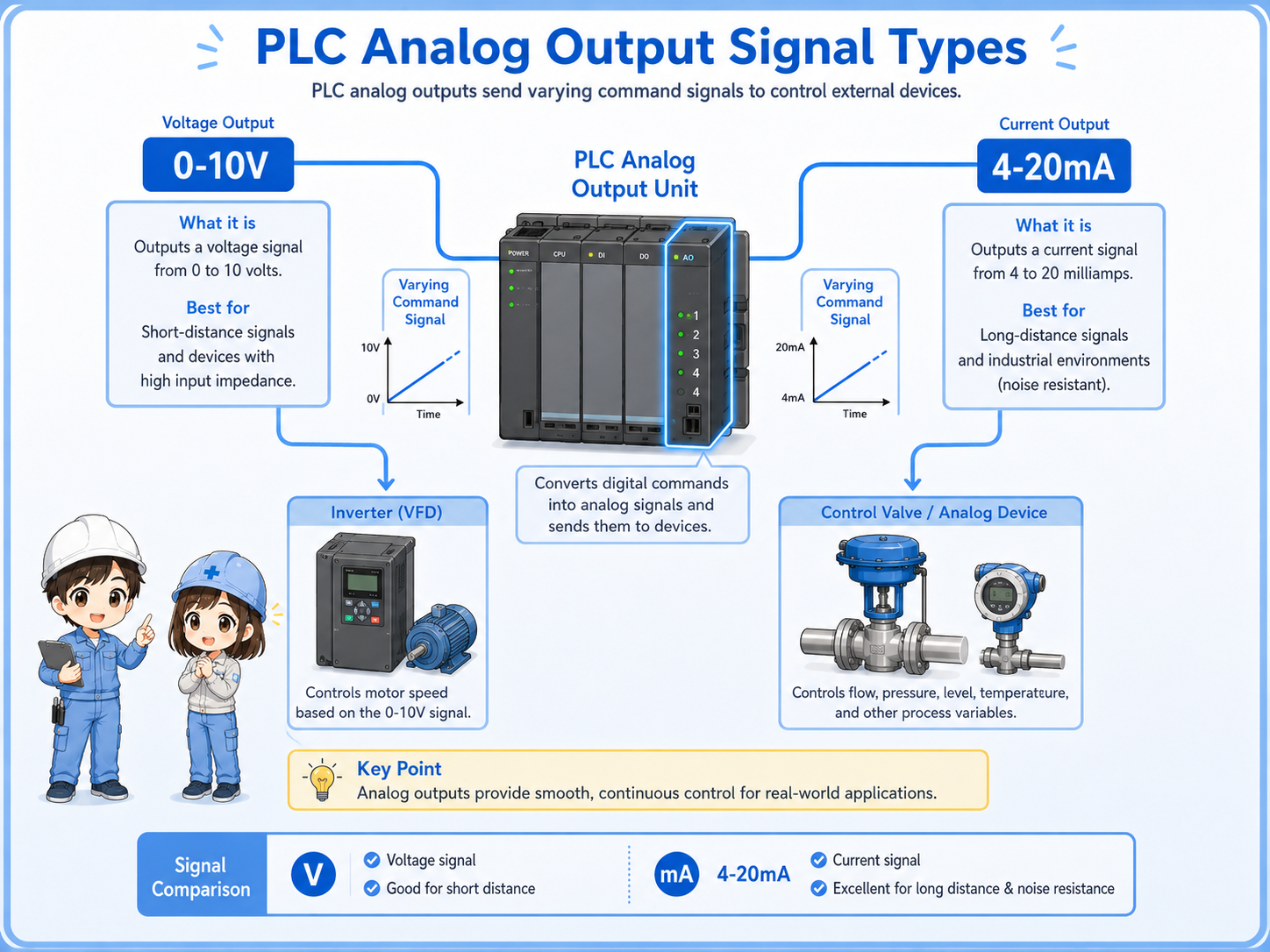 Diagram comparing 0-10V and 4-20mA analog output signals sent from a PLC analog output module to an inverter or control valve