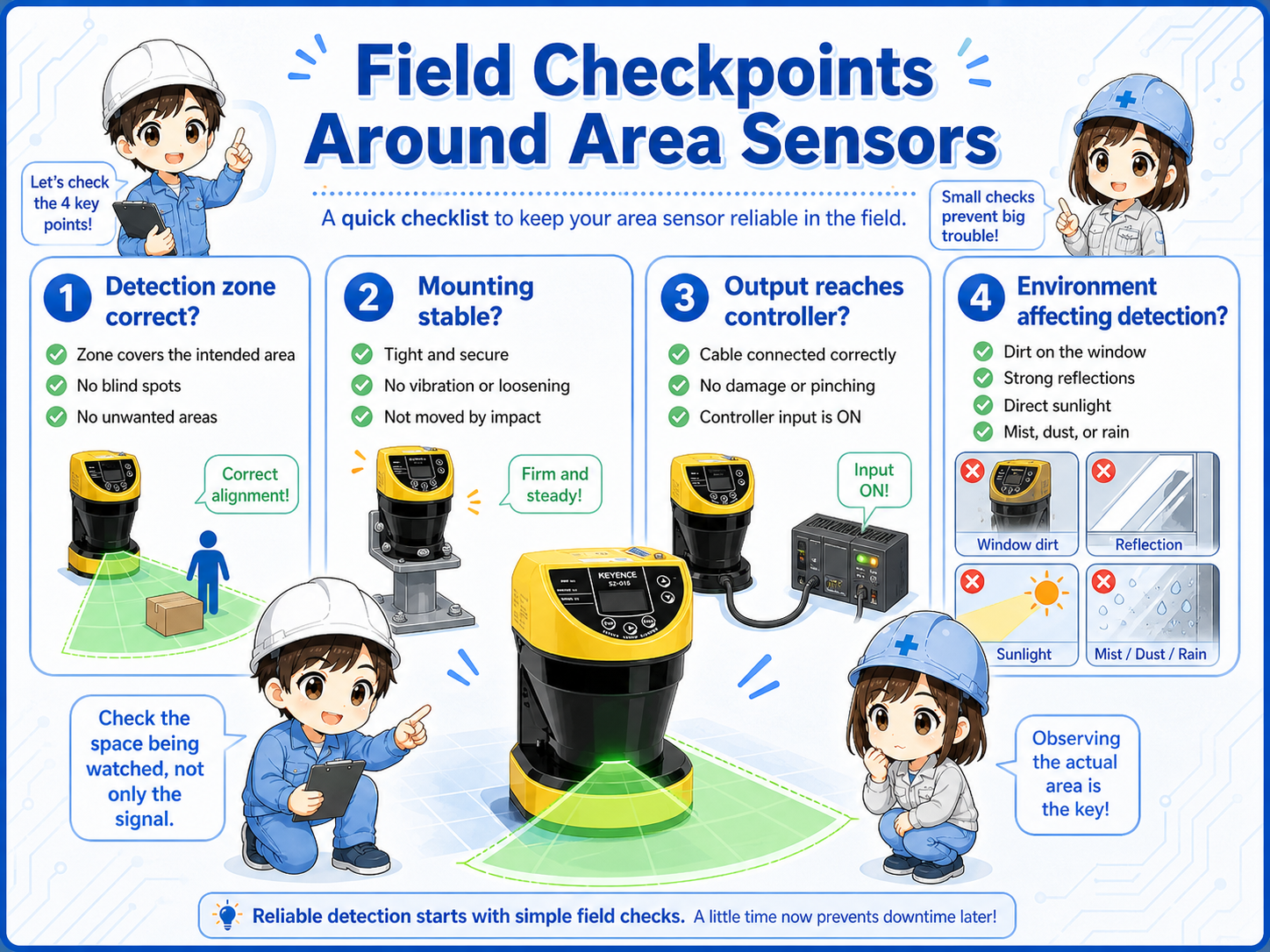 Field checklist for area sensors including detection zone, mounting, wiring, and environment
