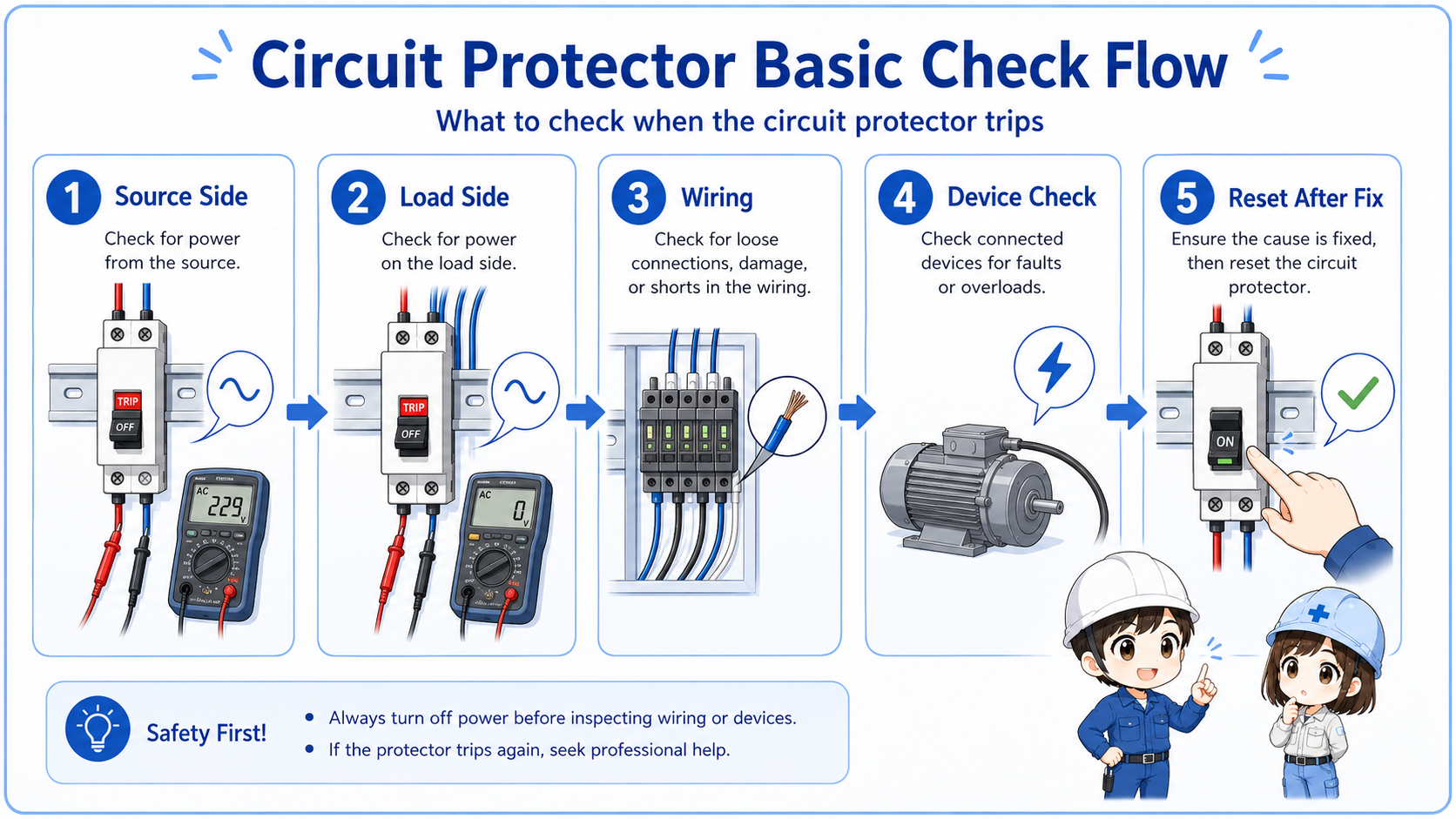 Step-by-step field check flow for a tripped circuit protector including source voltage, load side, short circuit, wiring, and reset check