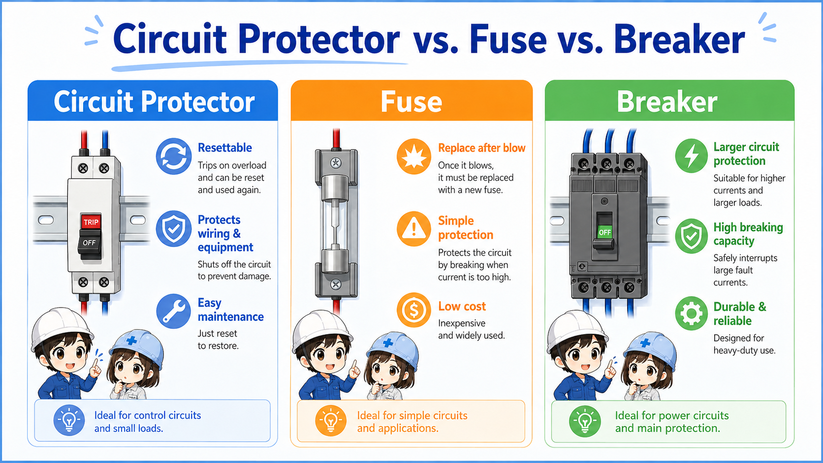Comparison diagram showing circuit protector, fuse holder, and breaker differences in a control panel
