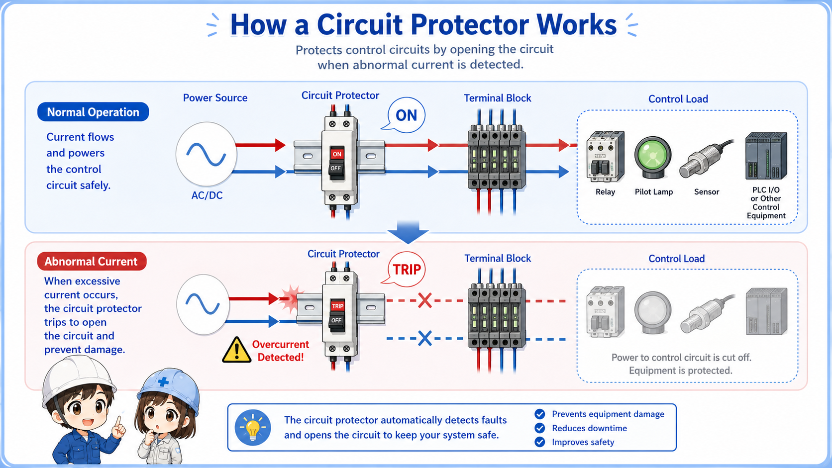 Overview diagram of a circuit protector protecting a small control circuit branch inside a control panel