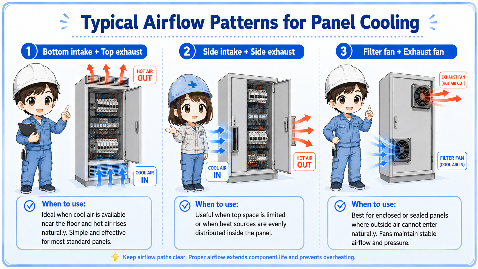 Comparison of intake, circulation, and exhaust airflow in a control panel