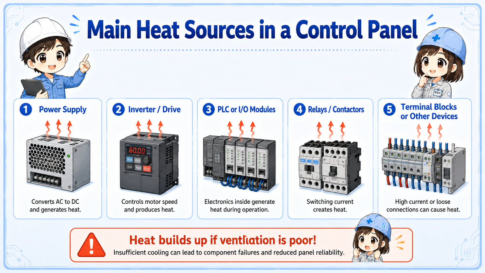 Heat sources inside a control panel including power supply, inverter, transformer, and blocked airflow