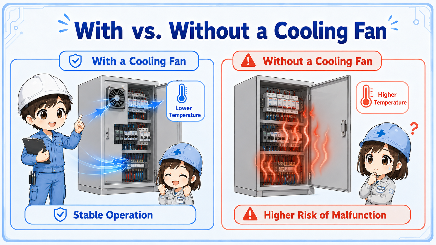 Comparison of a control panel with poor airflow and a control panel with proper cooling fan airflow