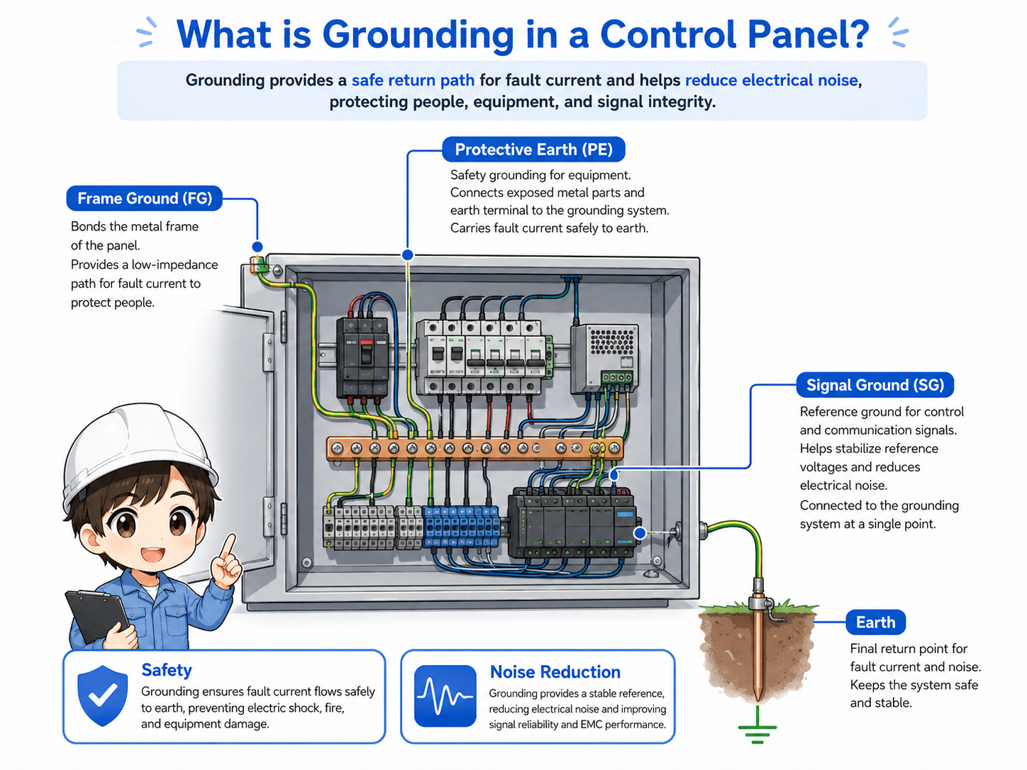 Overview of grounding in a control panel including protective earth, frame ground, signal ground, and field checks