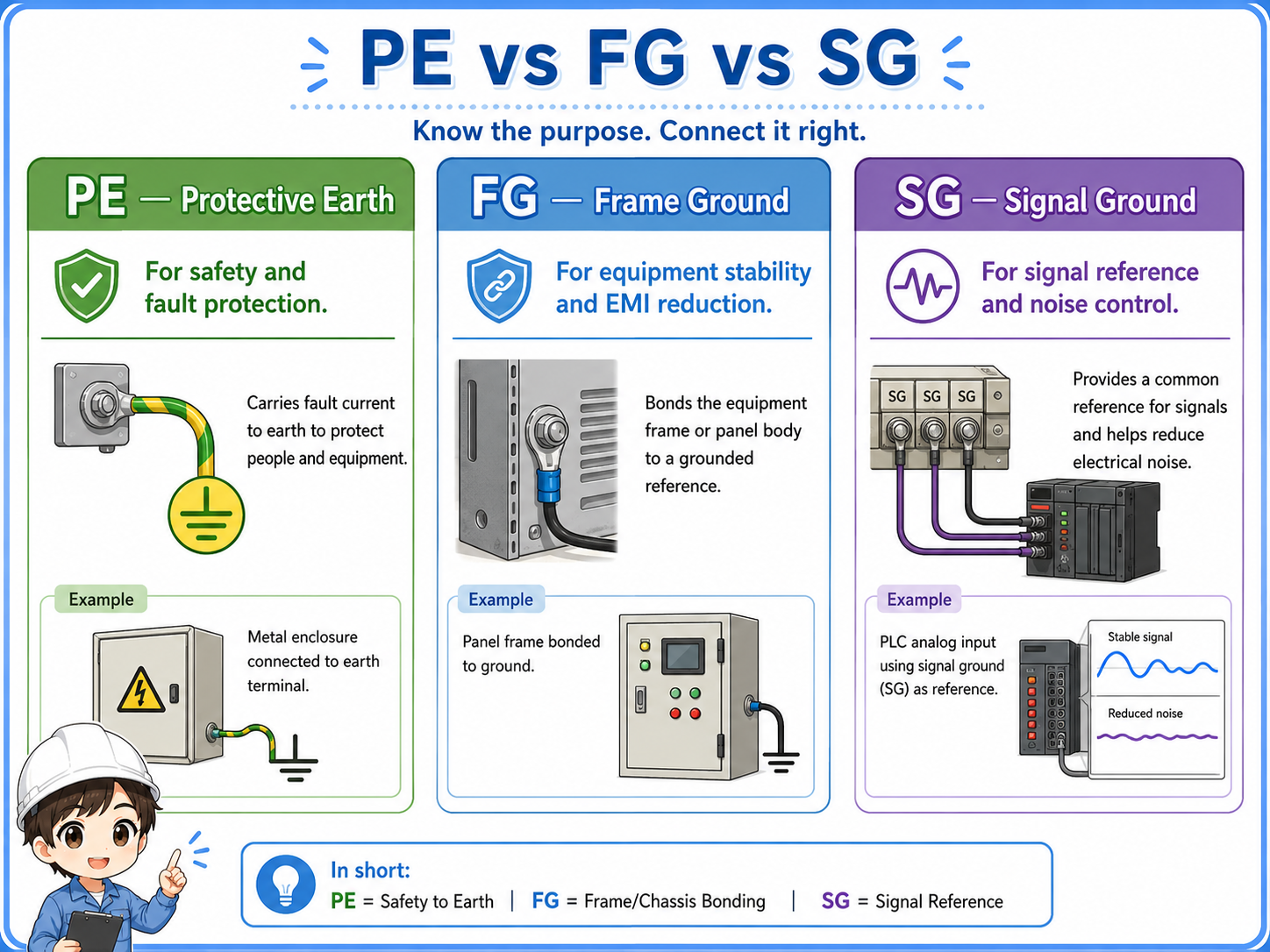 PE FG and SG grounding concept in a control panel with protective earth frame ground and signal ground