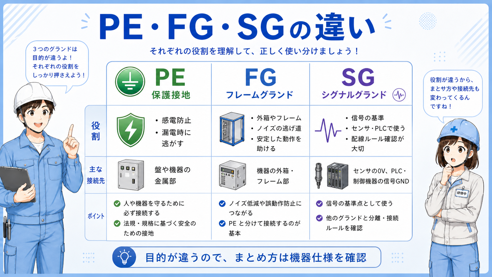 感電防止の接地とノイズ対策の接地の違いを比較した図