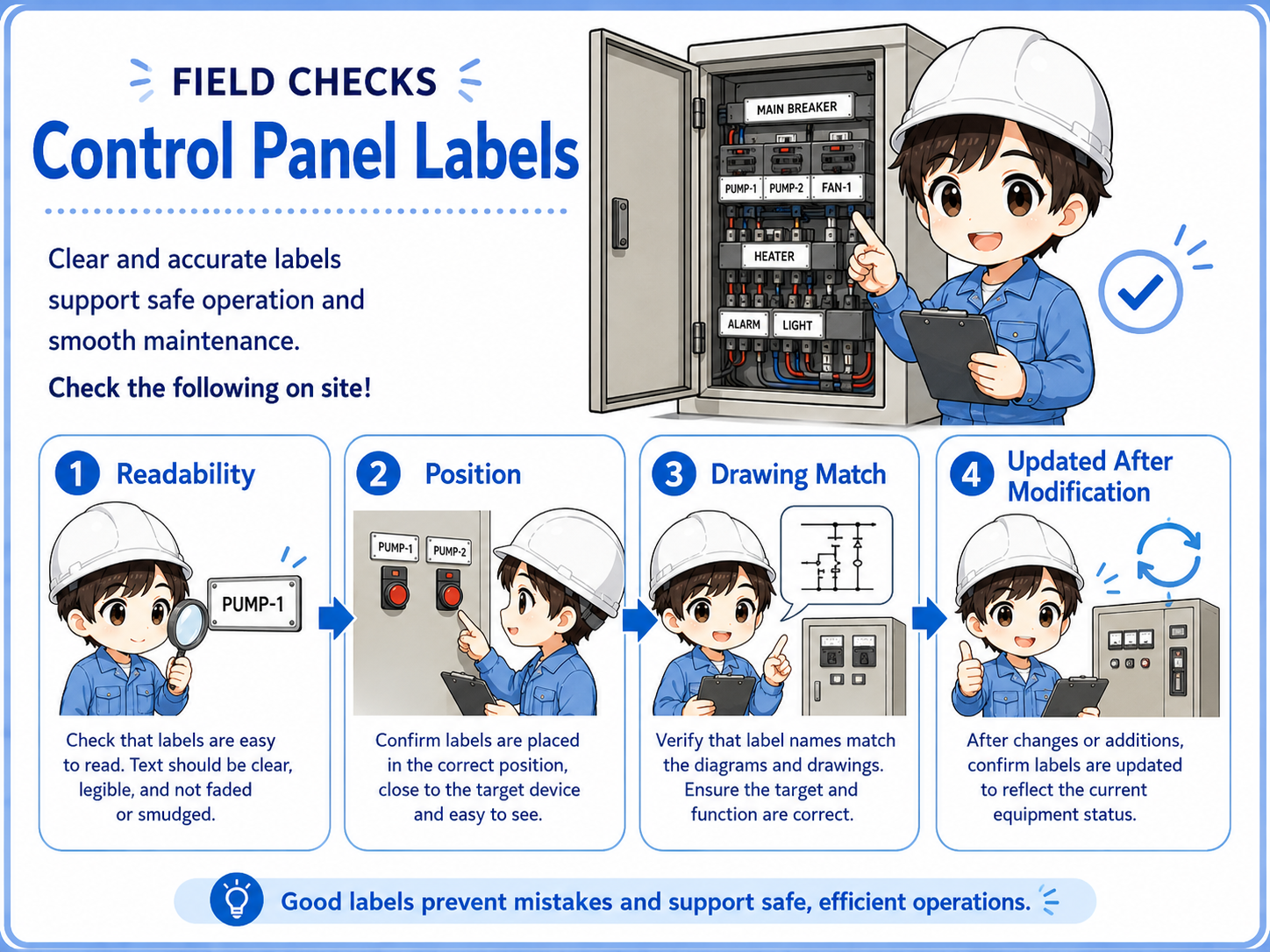 Field check flow for control panel labels including drawing match readability position and updated information