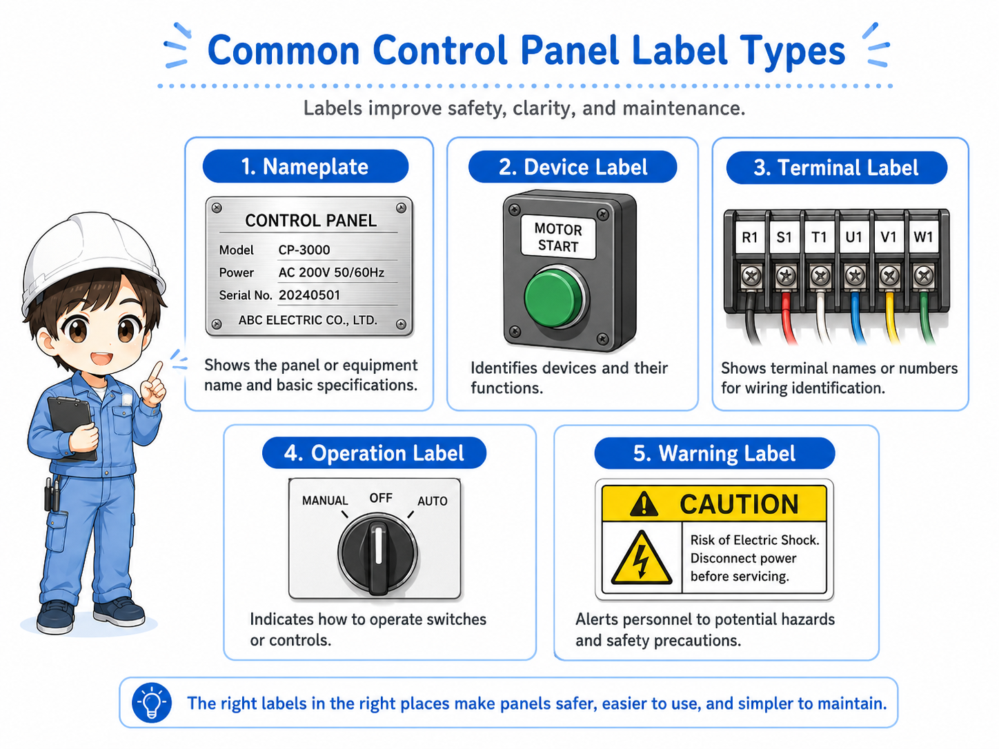 Common control panel label types including nameplates device labels terminal labels operation labels and warning labels