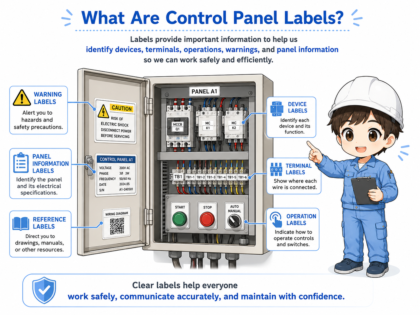 Overview of control panel labels including device labels terminal labels operation labels and warning labels