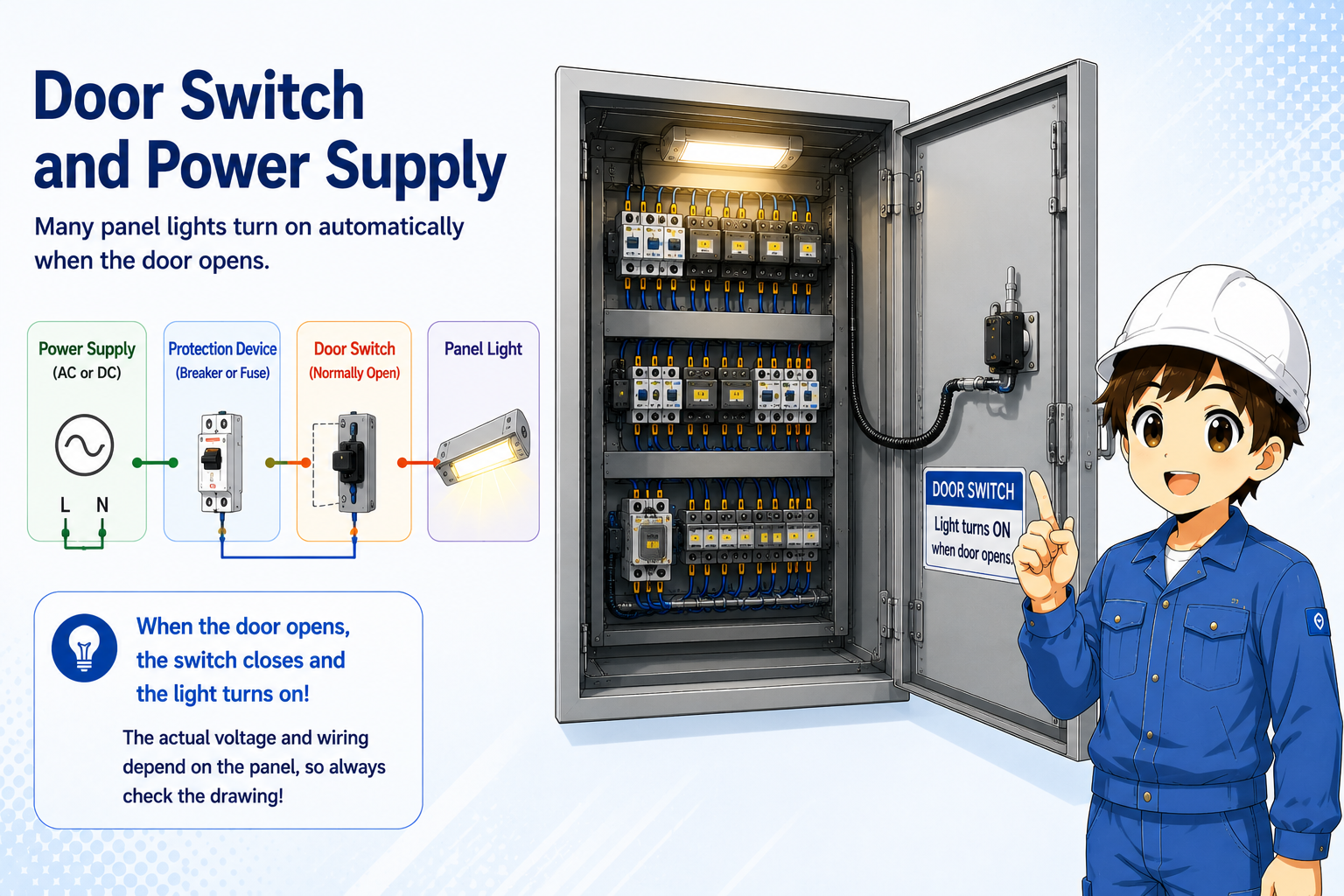 Control panel light wiring concept with door switch power supply and cabinet lamp