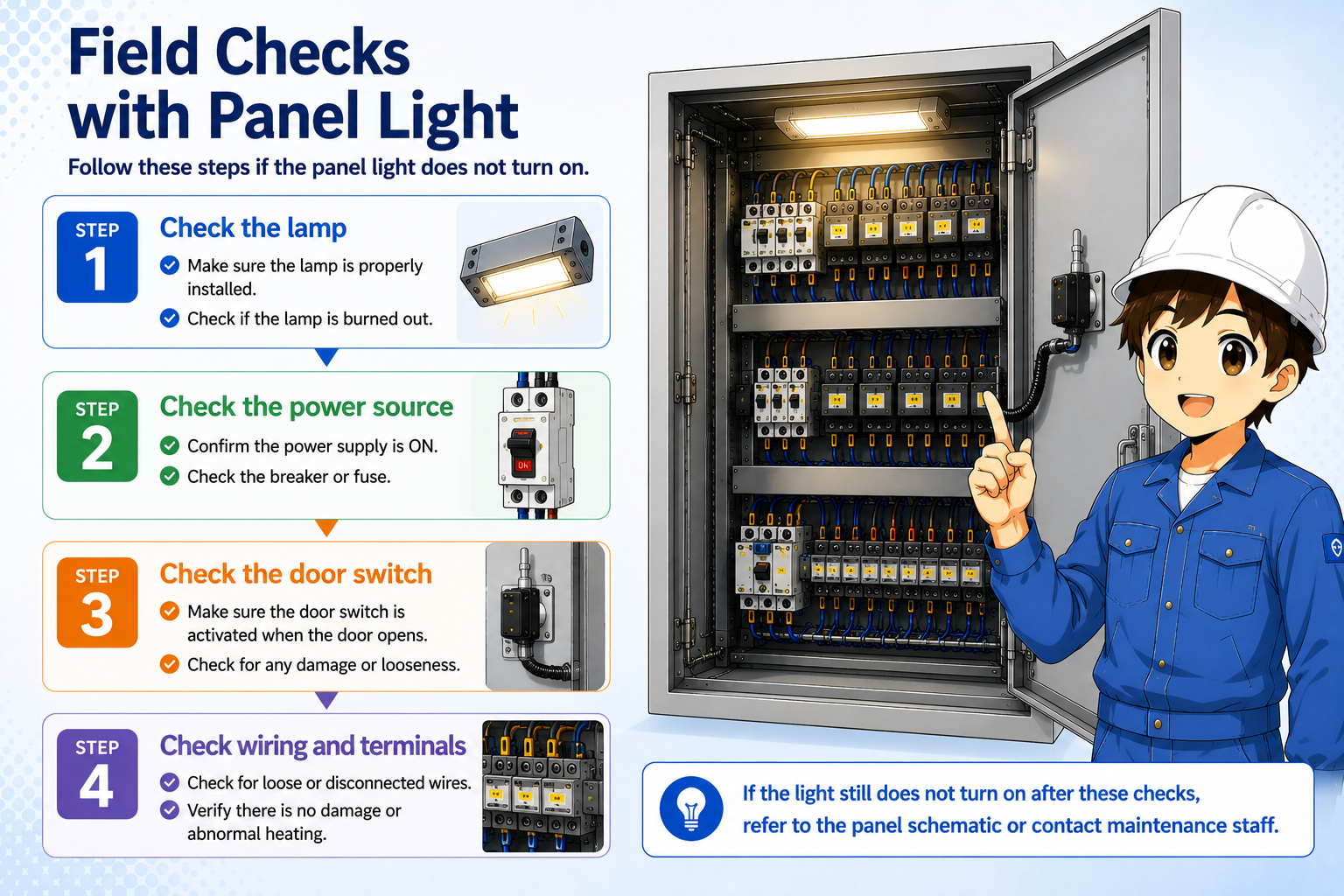 Field check flow for control panel lights including lamp power supply door switch wiring and terminal checks