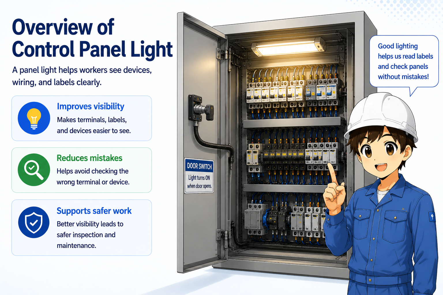 Overview of a control panel light illuminating devices wiring labels and terminal blocks inside a cabinet