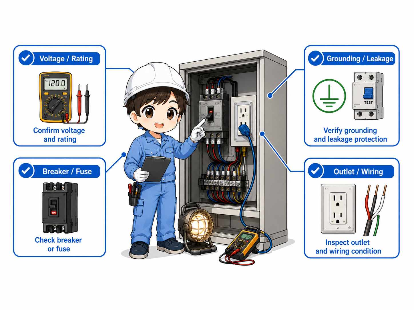 Field check flow for control panel outlets showing voltage rating breaker fuse leakage protection grounding wiring and damage checks
