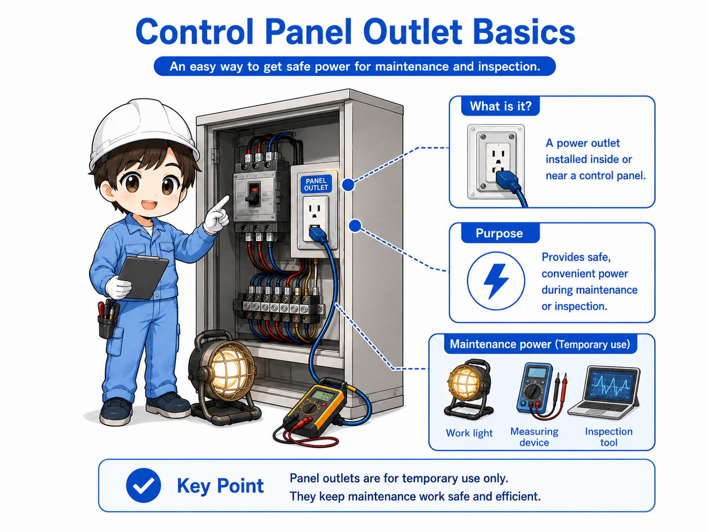 Overview of a control panel outlet used for inspection and maintenance power inside a control cabinet