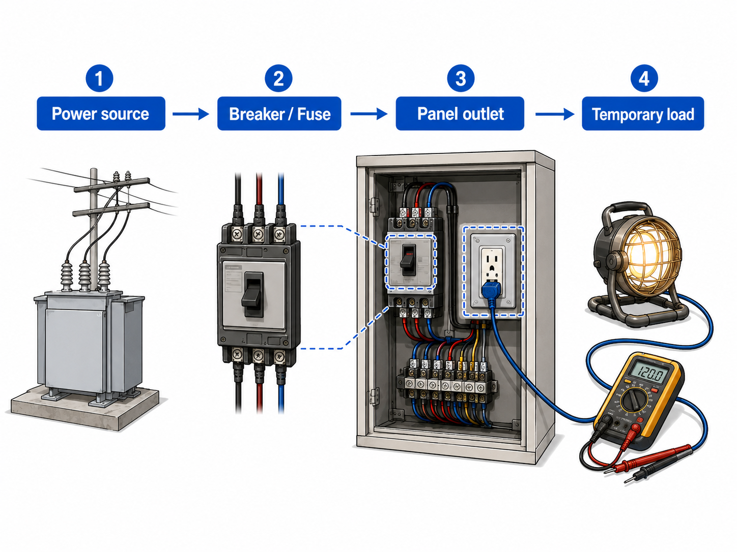 Power path concept for a control panel outlet showing power source breaker fuse leakage protection wiring and outlet