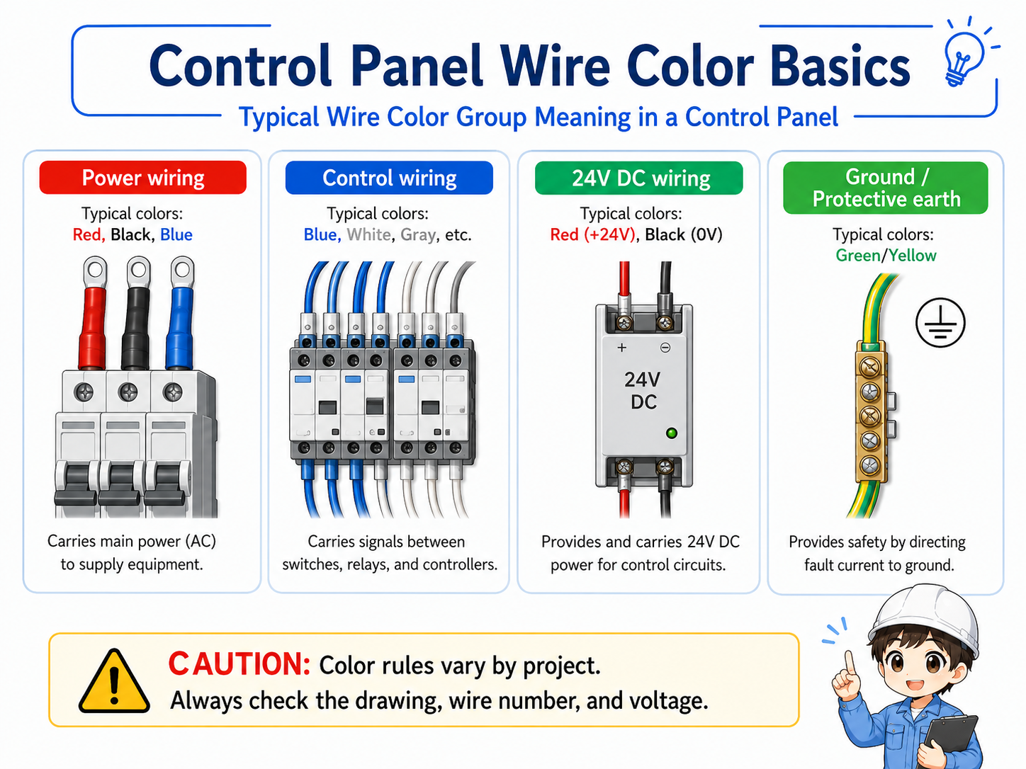 Typical control panel wire color groups for power wiring, control wiring, DC wiring, and ground wiring