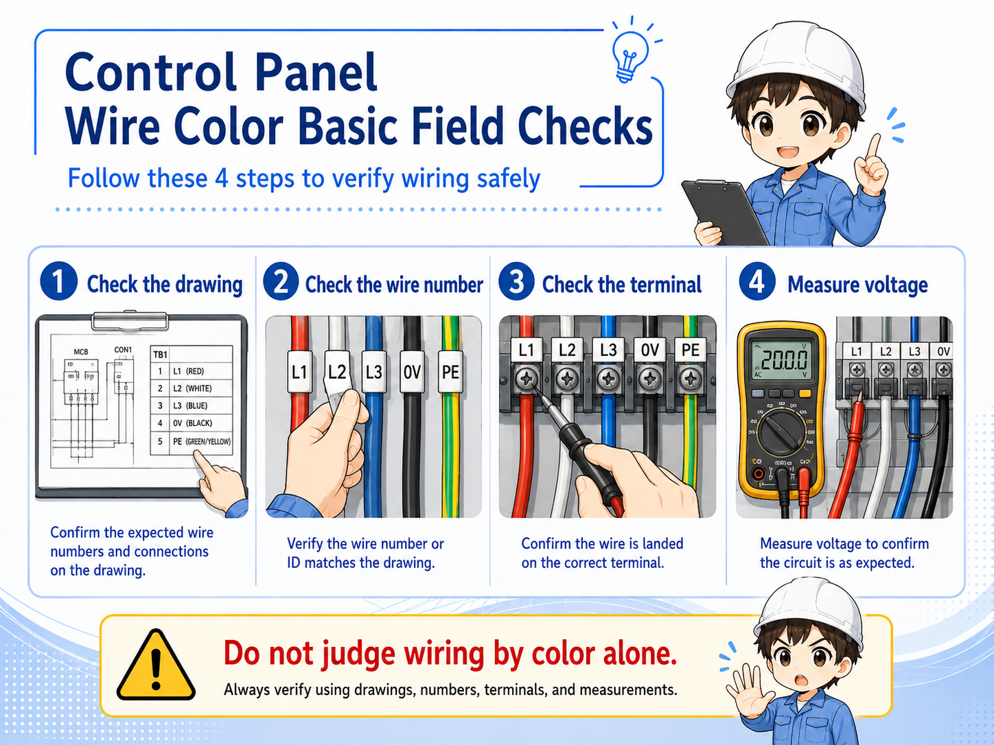 Field check flow for control panel wire colors including drawing, wire number, terminal number, and voltage measurement