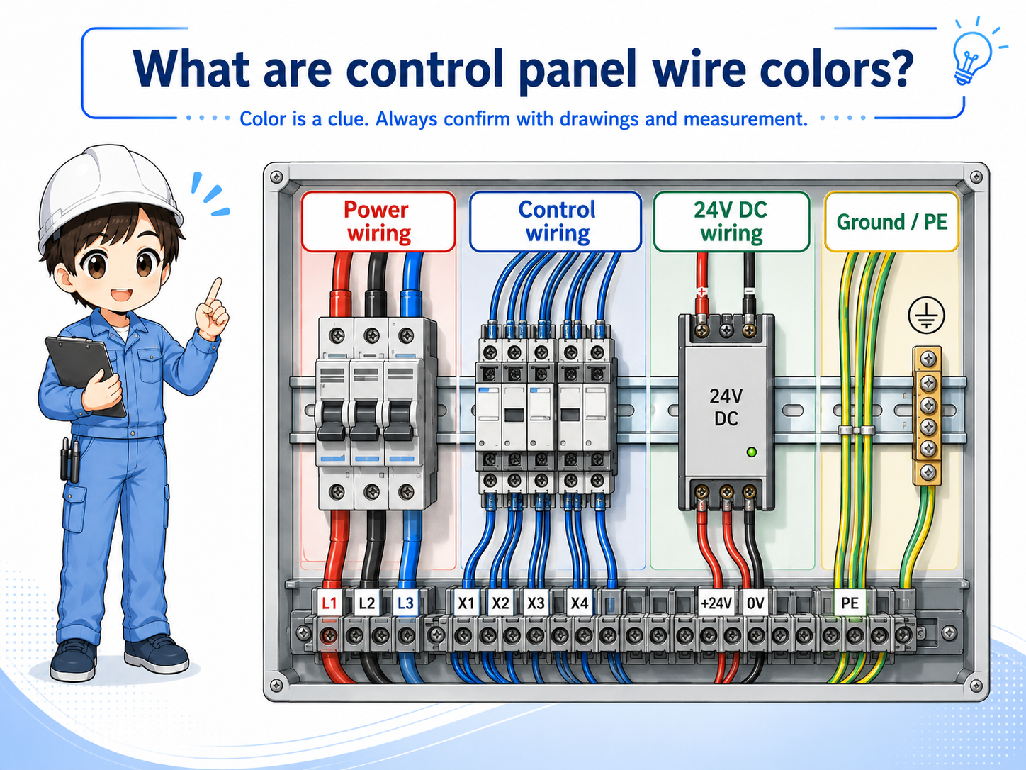 Overview of control panel wire colors used to identify power, control, DC, and ground wiring