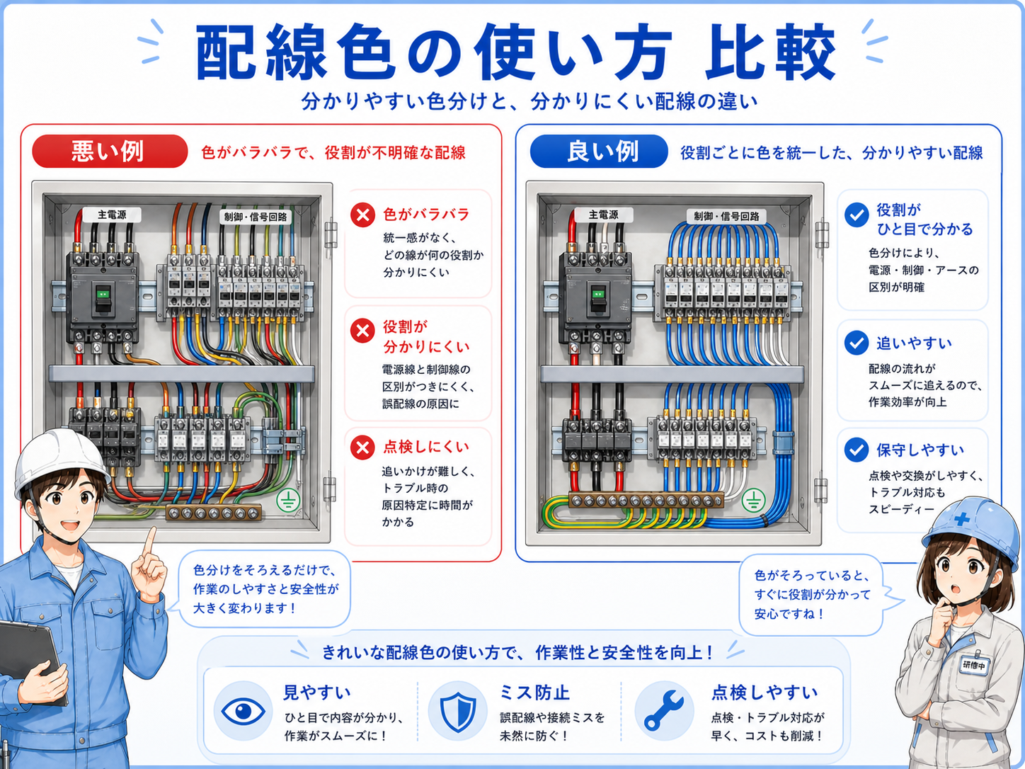 電線色だけで判断する危険な確認と、図面・線番・端子番号を照合する安全な確認を比較した図