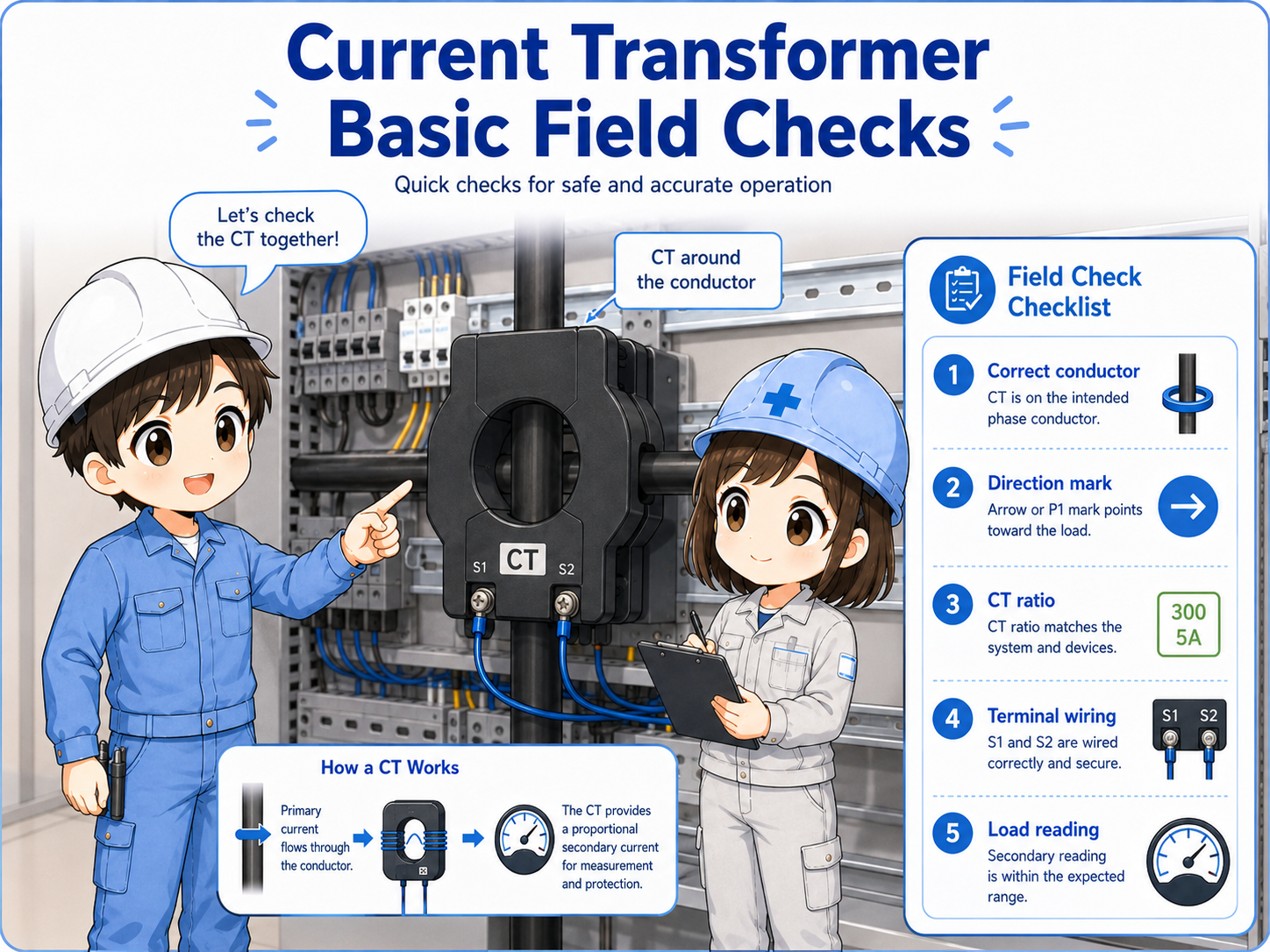 Field checklist for current transformers including conductor direction CT ratio wiring and load current checks