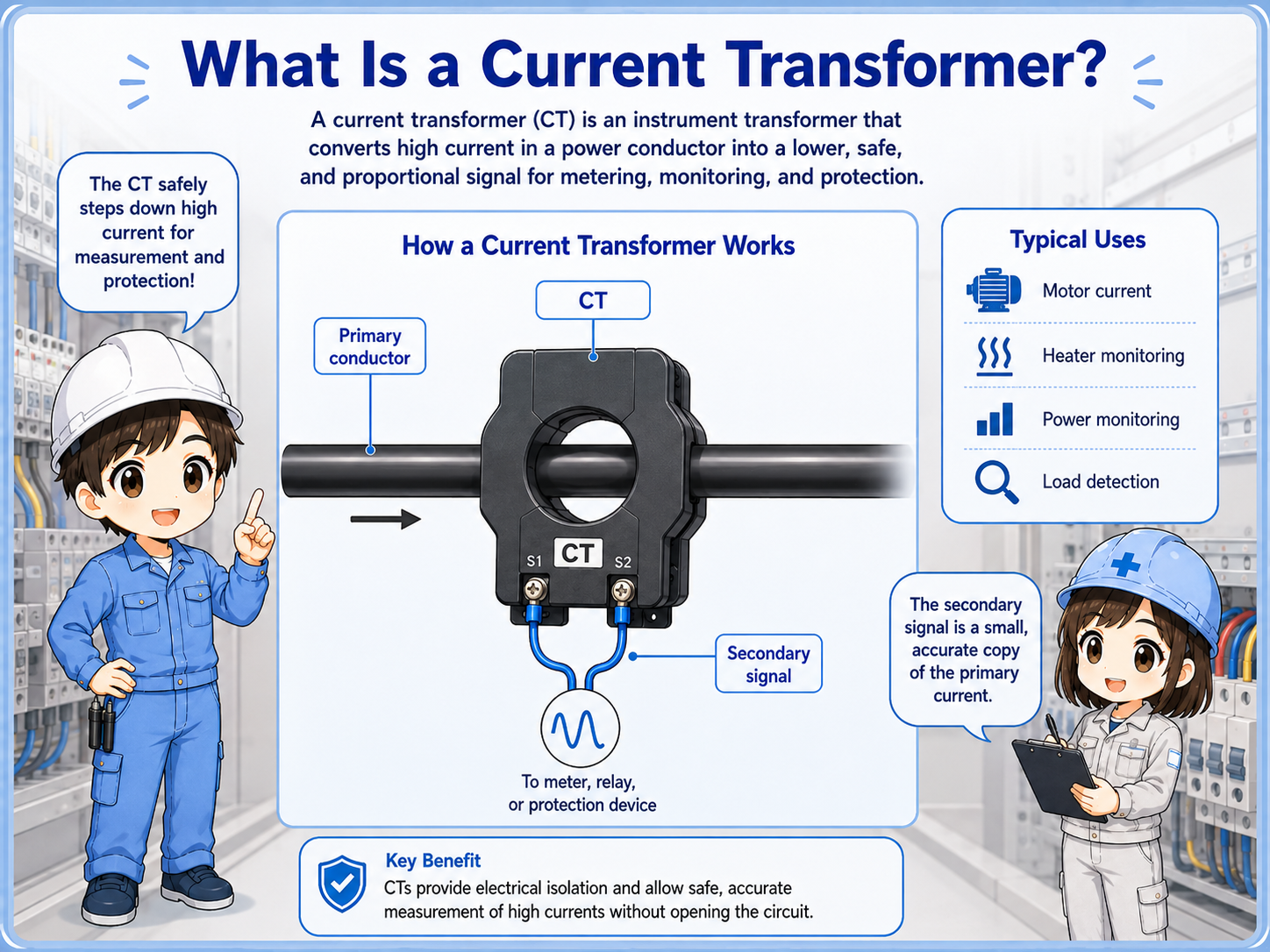 Overview of a current transformer detecting current from a motor power line in a control panel