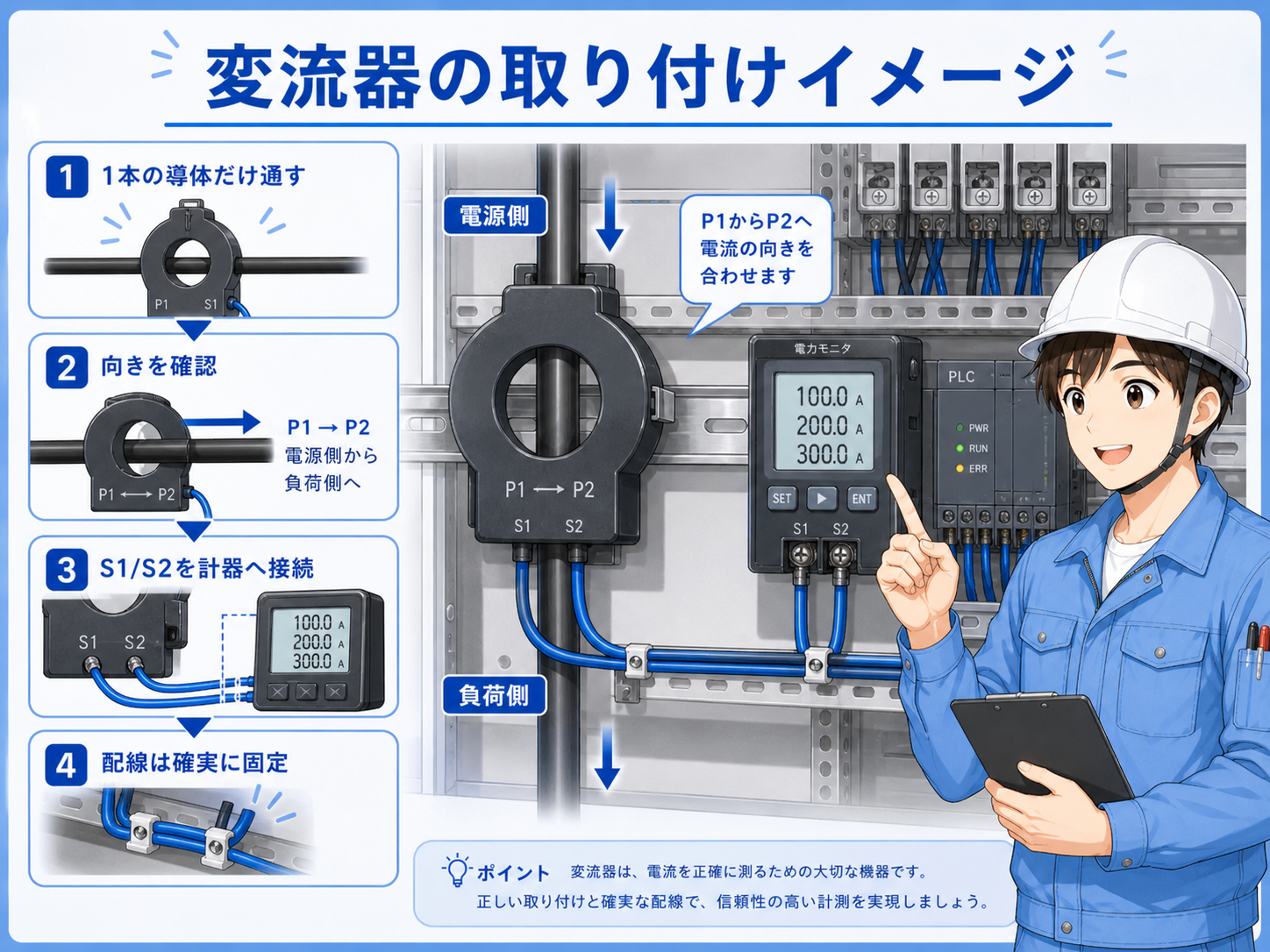 電源から負荷へ流れる電流をCTや電流センサで検出し、PLCや監視機器へ送る流れの図