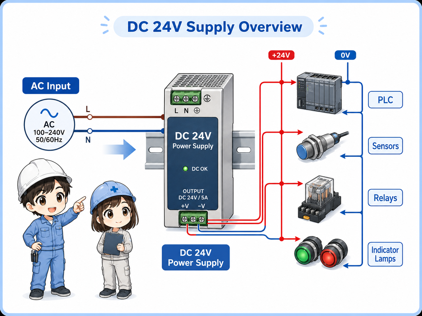 Overview diagram showing AC input converted to 24V DC for PLCs, sensors, relays, and indicator lamps