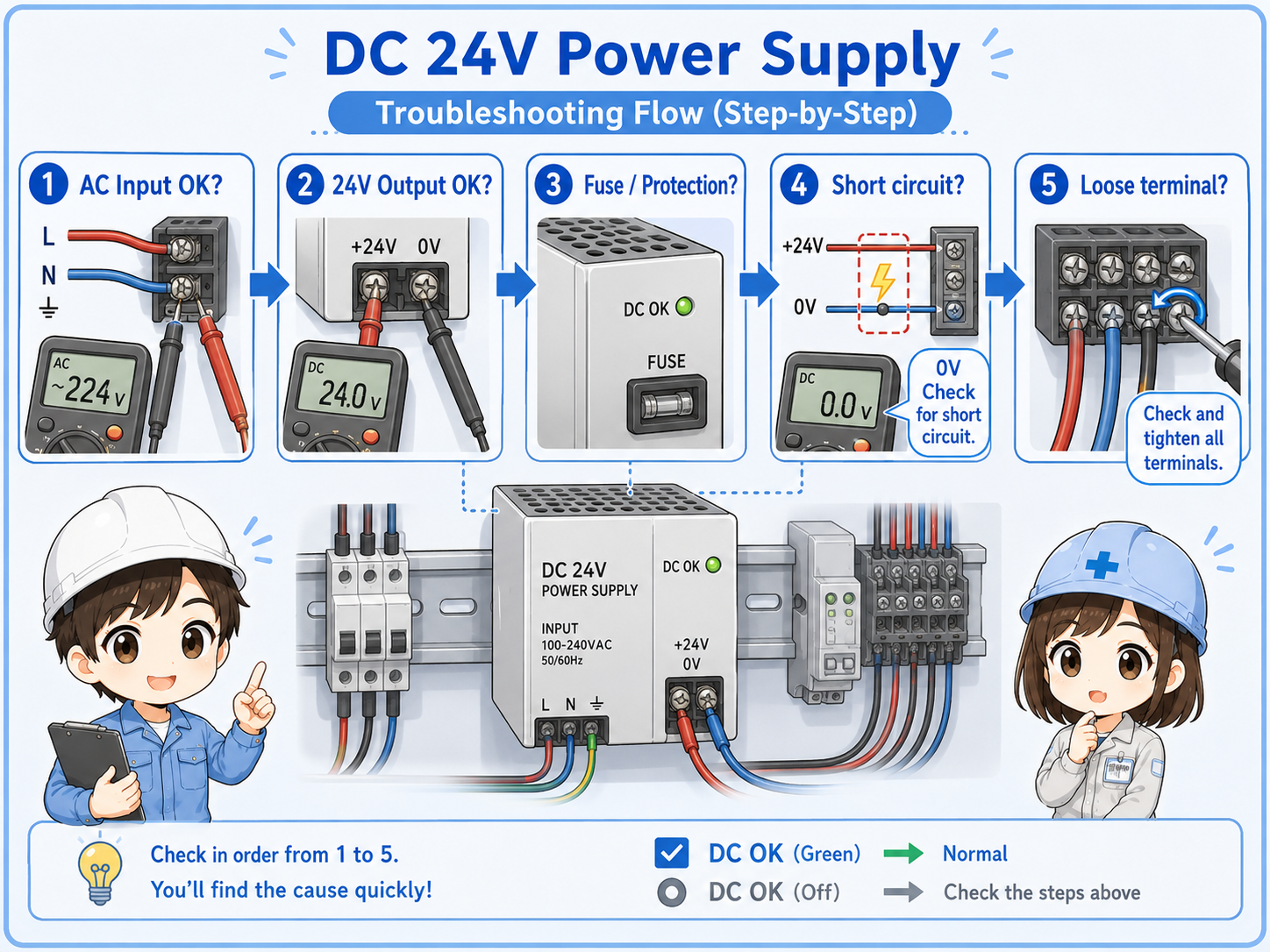 Troubleshooting flow for a DC 24V power supply in a control panel