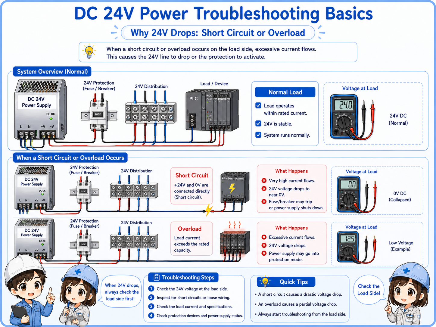 Diagram explaining how a short circuit or overload can make a DC 24V power supply drop or shut down