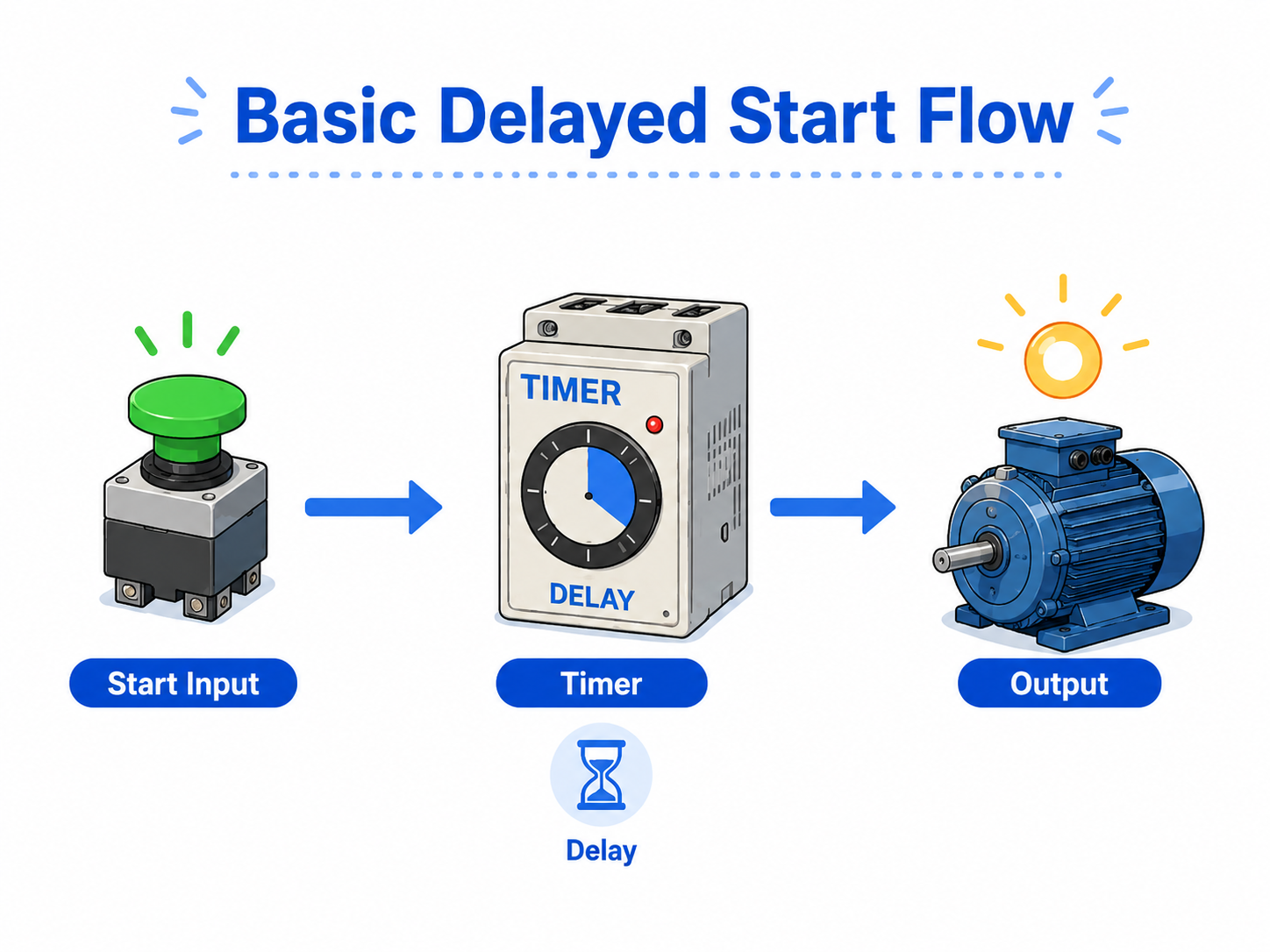 Overview of a delayed start circuit from input ON to timer count and output ON