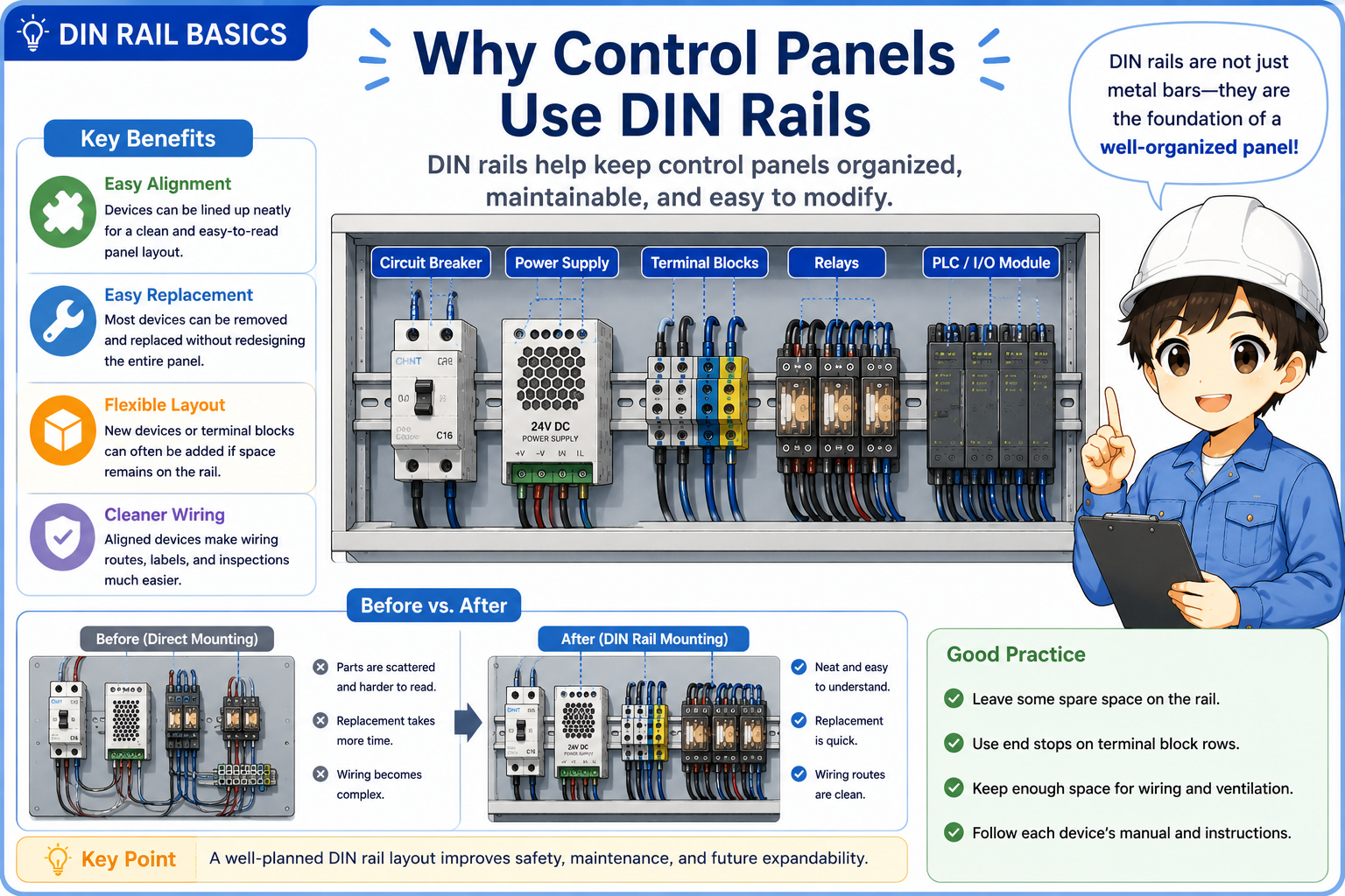 Field check flow for DIN rail mounting including rail fixing, end stops, wiring space, removal clearance, and deformation