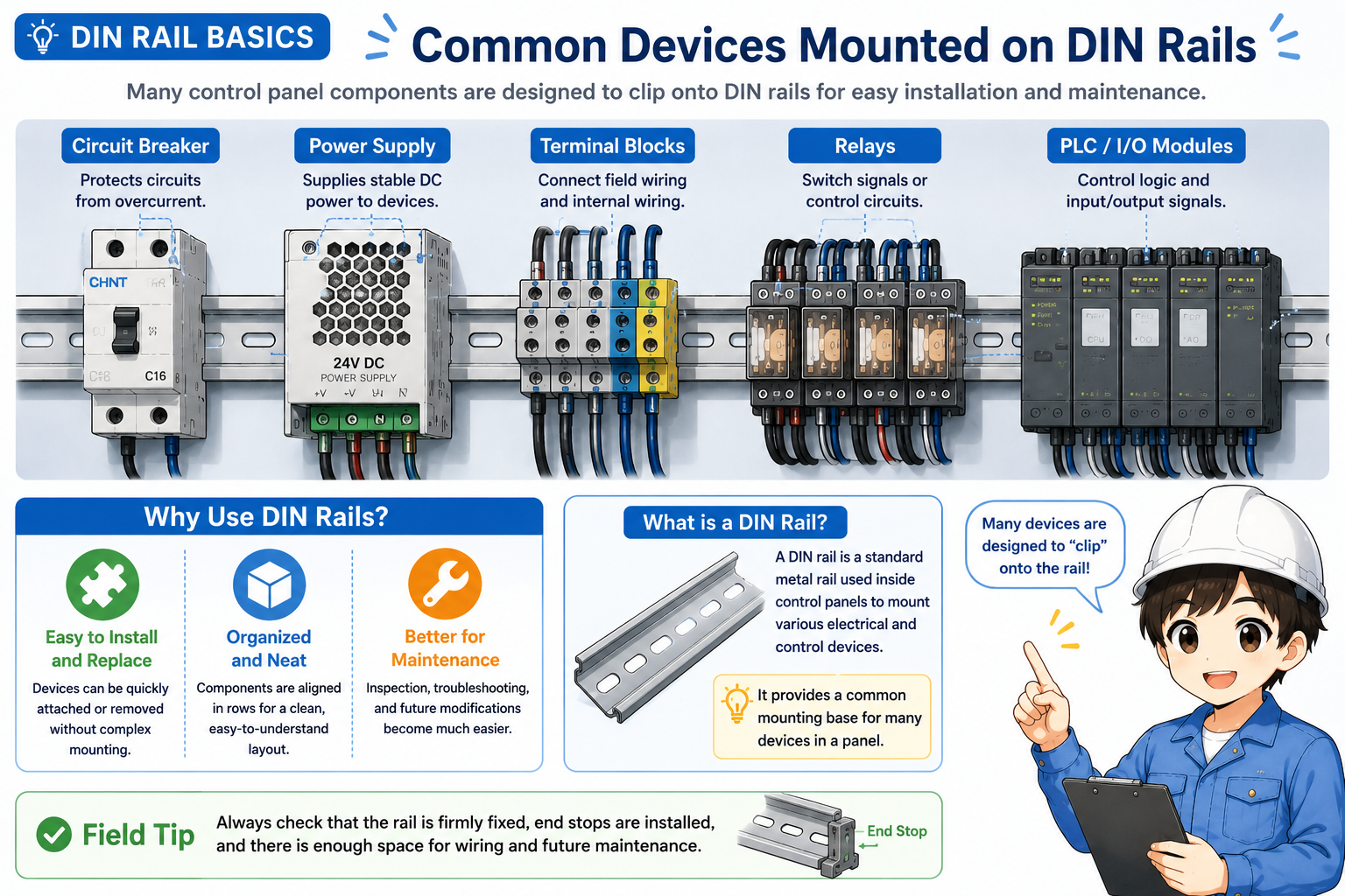 Examples of devices mounted on a DIN rail such as terminal blocks, relay, PLC unit, power supply, and breaker